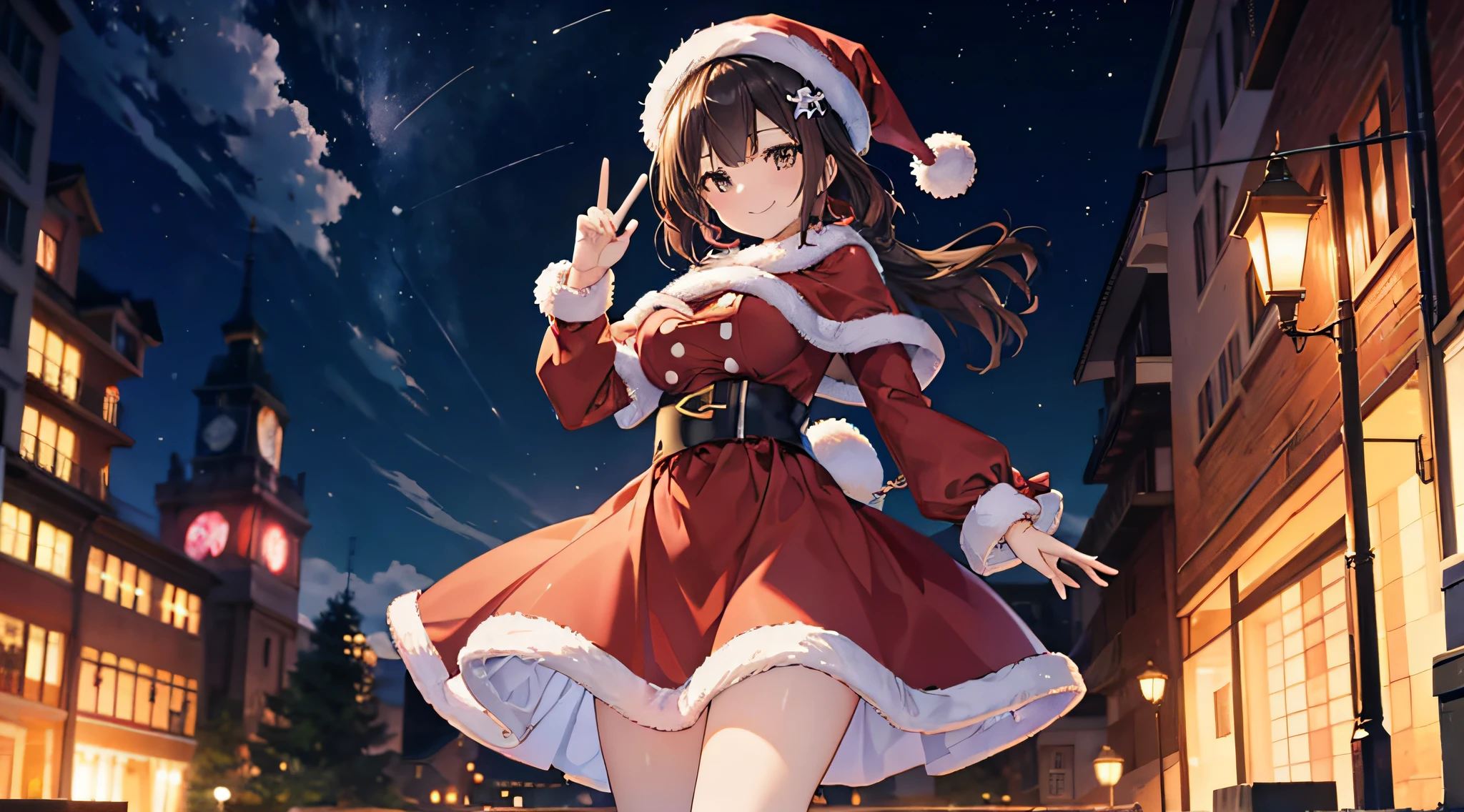 (masutepiece, Best Quality: 1.2), ultra-detailliert, Highest detail, colourfull、1girl solo、Medium Boob、Cheerful smile、A dark-haired、Brown-eyed、santa costume、Night、Christmas Party、narrow waists、From the front of the body, Full body, no extra fingers, No extra arms, No extra legs, Raise your hands