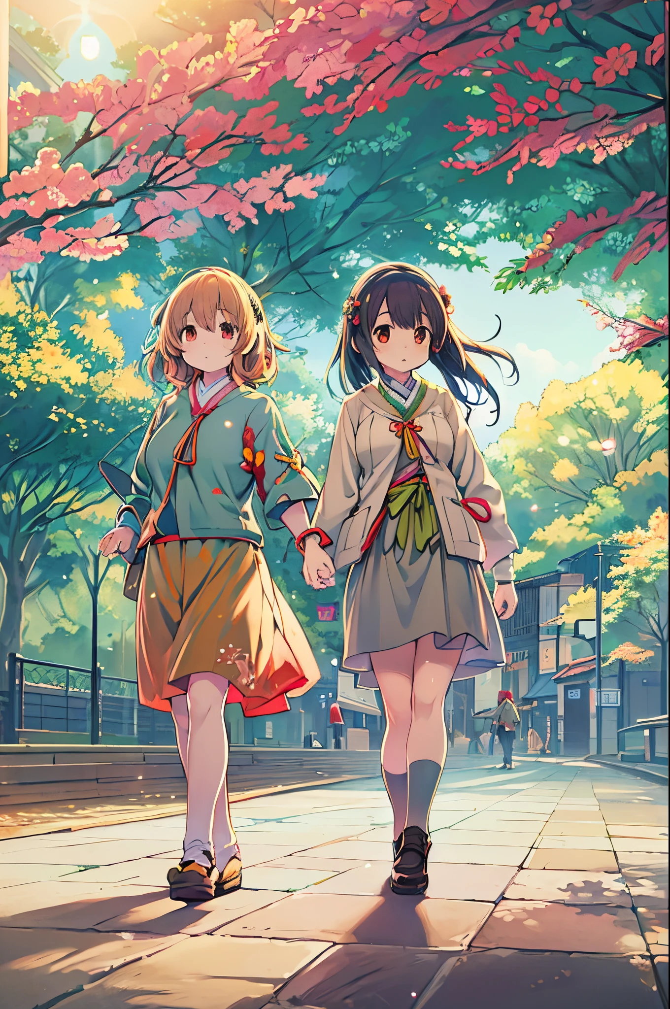 Anime image of two girls walking hand in hand in the park, kyoto animation key visual, kyoto animation anime key visual, kyoto animation still, Shirabii, official anime artwork, in style of kyoto animation, visual novel key visual, Kyoto Animation, Official art, anime key art, official anime still, anime key visual concept art of, slice of life anime