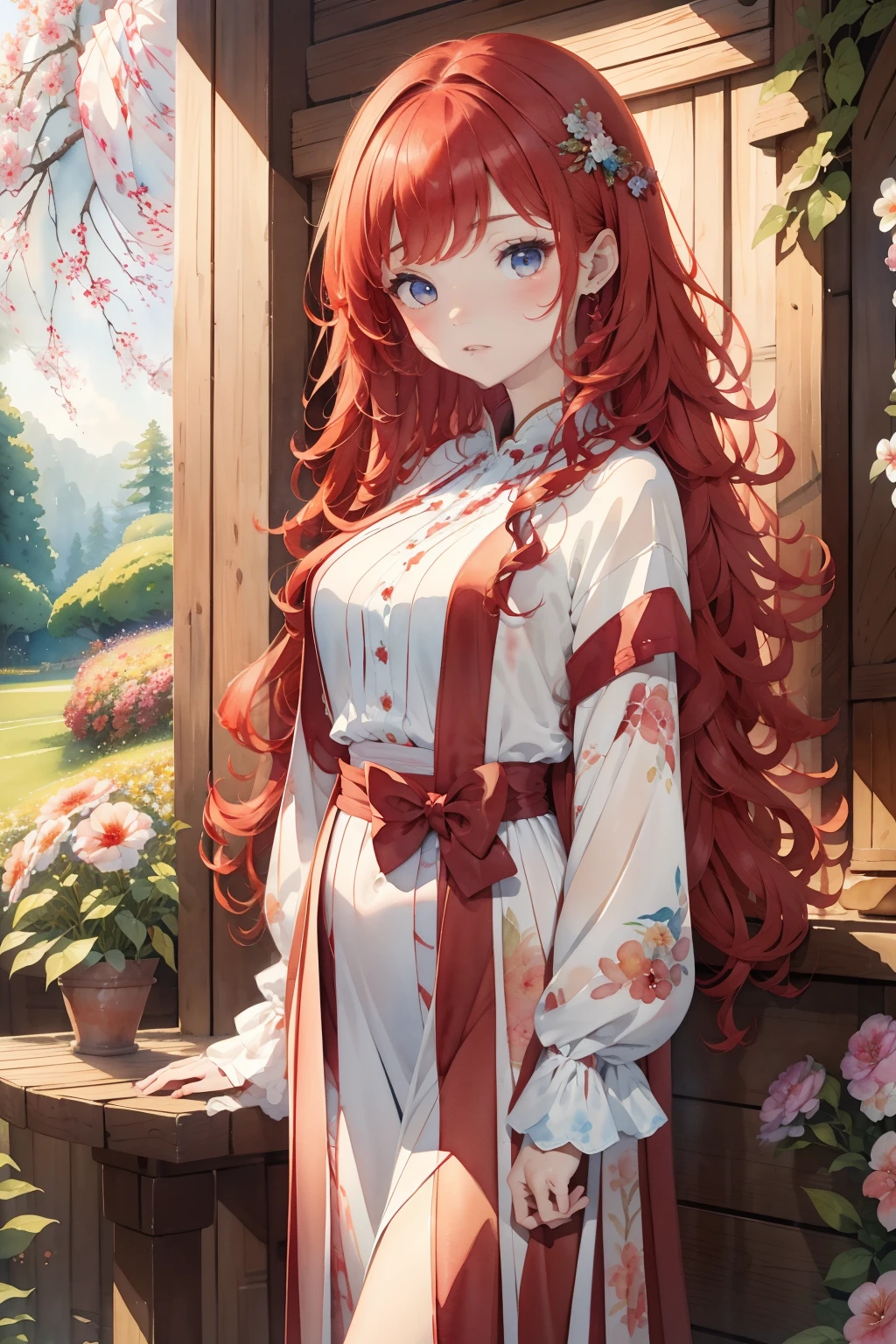 Let'It looks like summer、(tmasterpiece)、(top-quality:1.1)、(Ultra - Detail D:1.1)、best pictures、Illustrations、detaile、(watercolor paiting:1.4)、(handdraw:1.2)、(Watercolor brush hair)、 2 girls in、Poleto、big red wavy curls、robe blanche、Full body like
