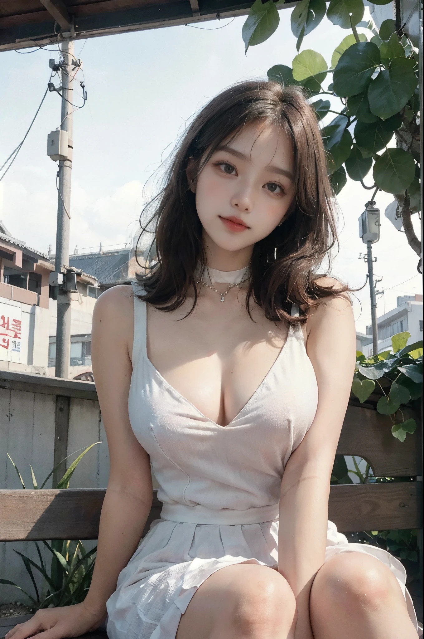 best images quality,RAW photos,超高分辨率,Close-up above the chest,Hefty Smile,17-year-old South Korean,very Bigger breasts,,White skin of the,very white skin,Light brown hair,Neatly matched bangs,Sexy formal wear,beautidful eyes,beautiful eyes of random colors,Very thin lips,Beautiful eyes with details,Elongated eyes,Pale pink cheeks,long eyelasher, beautiful double eyelid, eye shadows, 耳Nipple Ring, choker necklace, Evening park,Sit Pose,sitting on a bench,((from below))