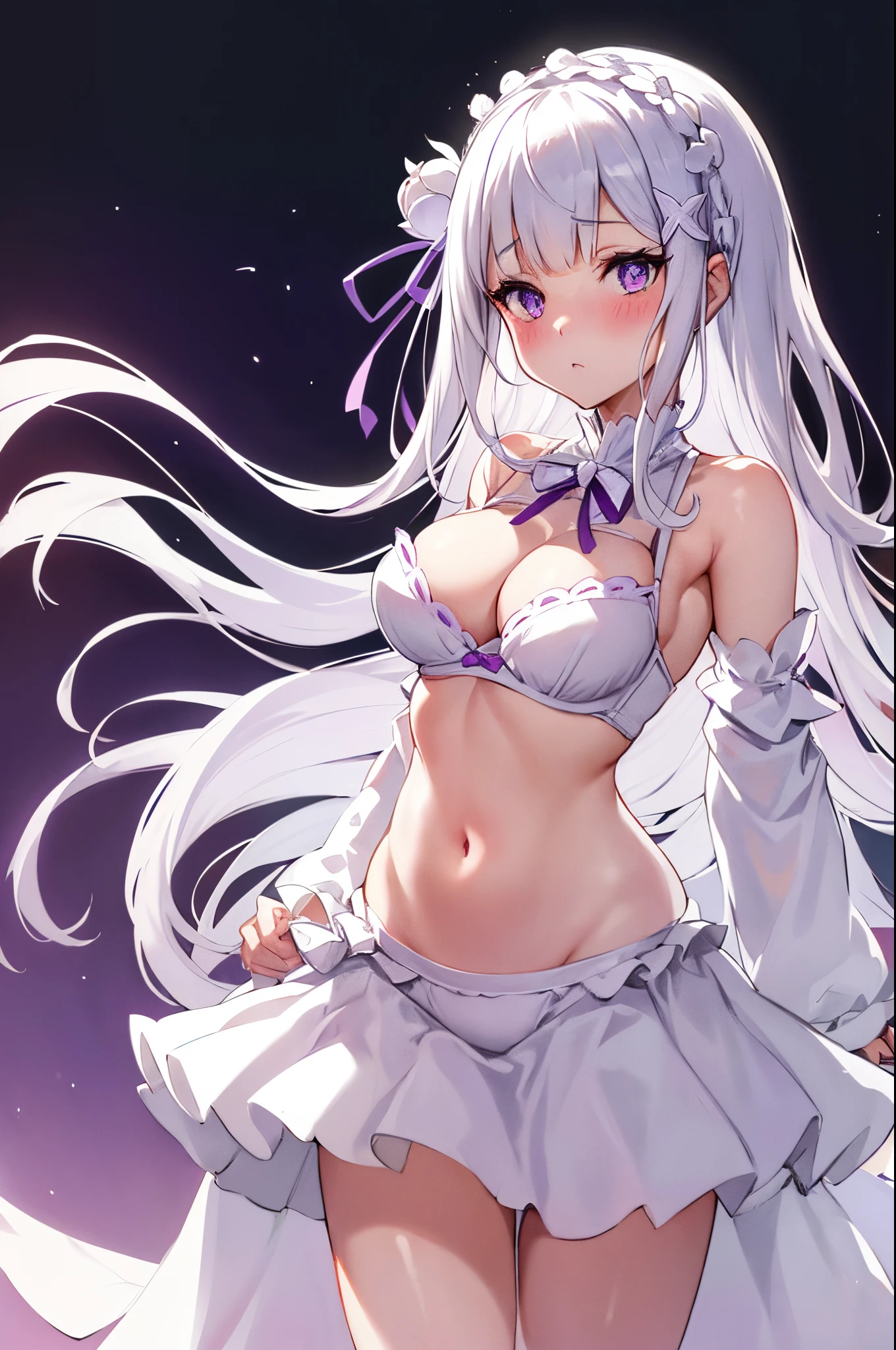 Emilia Re:Zero, white hair, white crown braid, purple ribbons in hair, white flower in hair, white lingerie, x hair ornament, purple eyes, long hair, medium breasts, fox ears, fox girl, 1girl, solo,
(masterpiece:1.1), (best quality:1.1), (ultra-detailed:1.1), (illustration:1.1), medium breasts, one piece lingerie, bra, panties, camel toe, lacy white lingerie, cleavage cutout, midriff, looking at viewer, cowboy shot, blushing