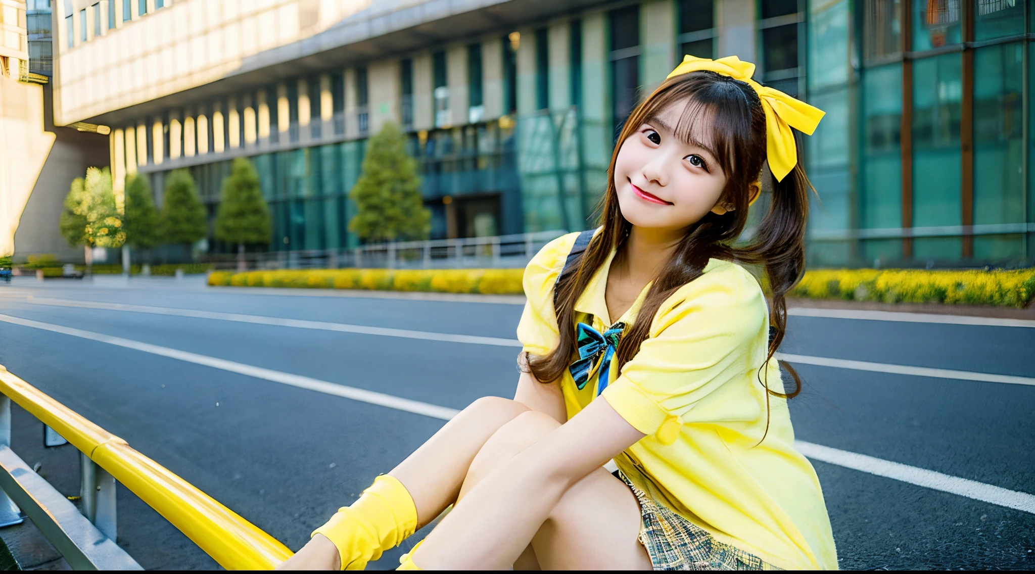 Cute high school girl 18 years old wearing a yellow miniskirt