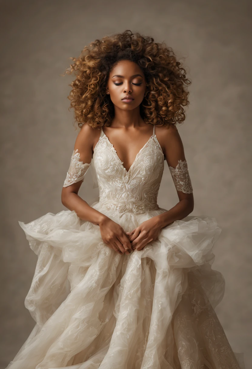 african woman looking confused, closed eyes, curly hair, bride, centered, golden ratio, with wedding dress, cinematic shoot