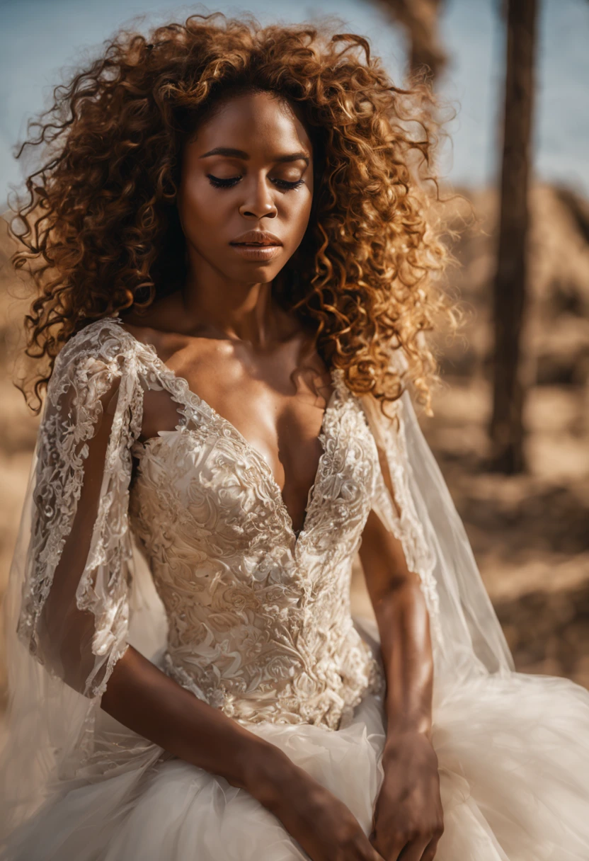 african woman looking confused, closed eyes, curly hair, bride, centered, golden ratio, with wedding dress, cinematic shoot