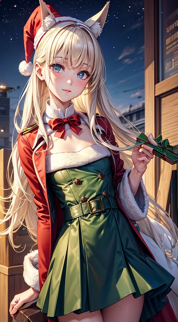best quality,masterpiece,ultra detailed,intricate details,an extremely detailed and delicate:1.1,
illustration:1.1,extremely fine and beautiful,photorealistic,upper body,
BREAK
light emerald eyes,beautiful detaileded eyes,horse ears,short horse tail,long hair,cute girl,
(flat chest:1.3),standing,(santa clothes:1.3) and (military uniform:1.3) and (trench_coat:1.3),smile,
silenceSuzuka,Holding a Christmas present box,BREAK
night,snow,Christmas tree,