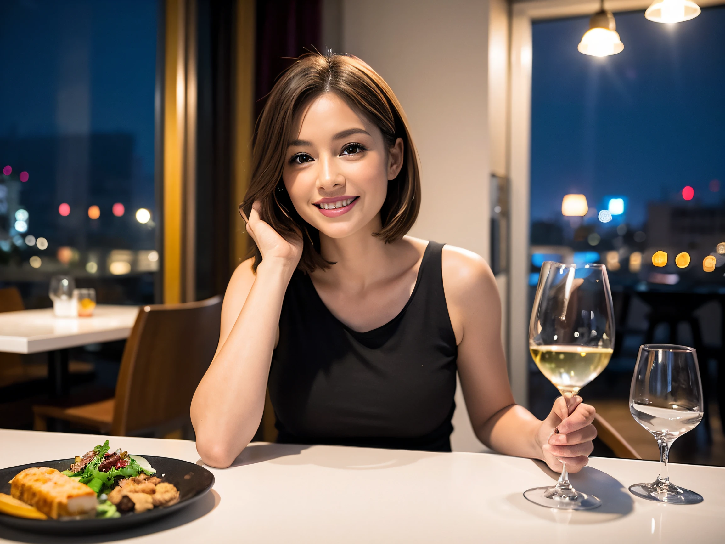 (64K, UHD, top quality, masterpiece: 1.2), (realistic, photorealistic: 1.37), super detailed, pretty woman 1, (slim face), (slim body), (brown hair), (short cut), cheeks slightly blushing, (40 years old), 38 years old, solo, beautiful detailed urban night view outside the window, restaurant, wine glass sitting, at night, in a prominent place (from the waist up) NovaFrogStyle, Actress, Model, Waist Up, White Wine, Slim, Wine Glass, Super Clean Night View, Wine Glass Put in the Middle, Happy Smile, (Smile: 1.15), Beautiful Fine Eyes, Upper Body, Bust Japan Up, Night, Short, Short, Actress, Model, Waist Up, White Wine, Slim, Wine Glass, Super Clean Night View, Wine Glass Put in the Middle, Happy Smile,