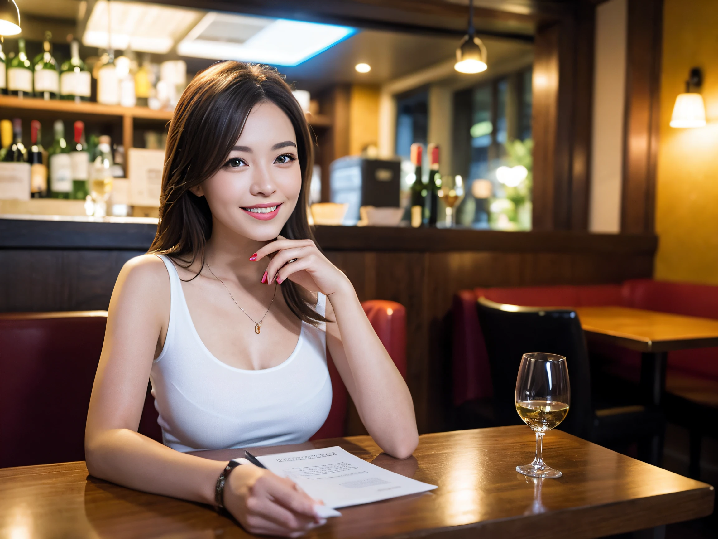(64K, UHD, top quality, masterpiece: 1.2), (realistic, photorealistic: 1.37), super detailed, pretty woman 1, (slim face), (slim body), (brown hair), (short cut), cheeks slightly blushing, (40 years old), 38 years old, solo, beautiful detailed urban night view outside the window, restaurant, wine glass sitting, at night, in a prominent place (from the waist up) NovaFrogStyle, Actress, Model, Waist Up, White Wine, Slim, Wine Glass, Super Clean Night View, Wine Glass Put in the Middle, Happy Smile, (Smile: 1.15), Beautiful Fine Eyes, Upper Body, Bust Japan Up, Night, Short, Short, Actress, Model, Waist Up, White Wine, Slim, Wine Glass, Super Clean Night View, Wine Glass Put in the Middle, Happy Smile,