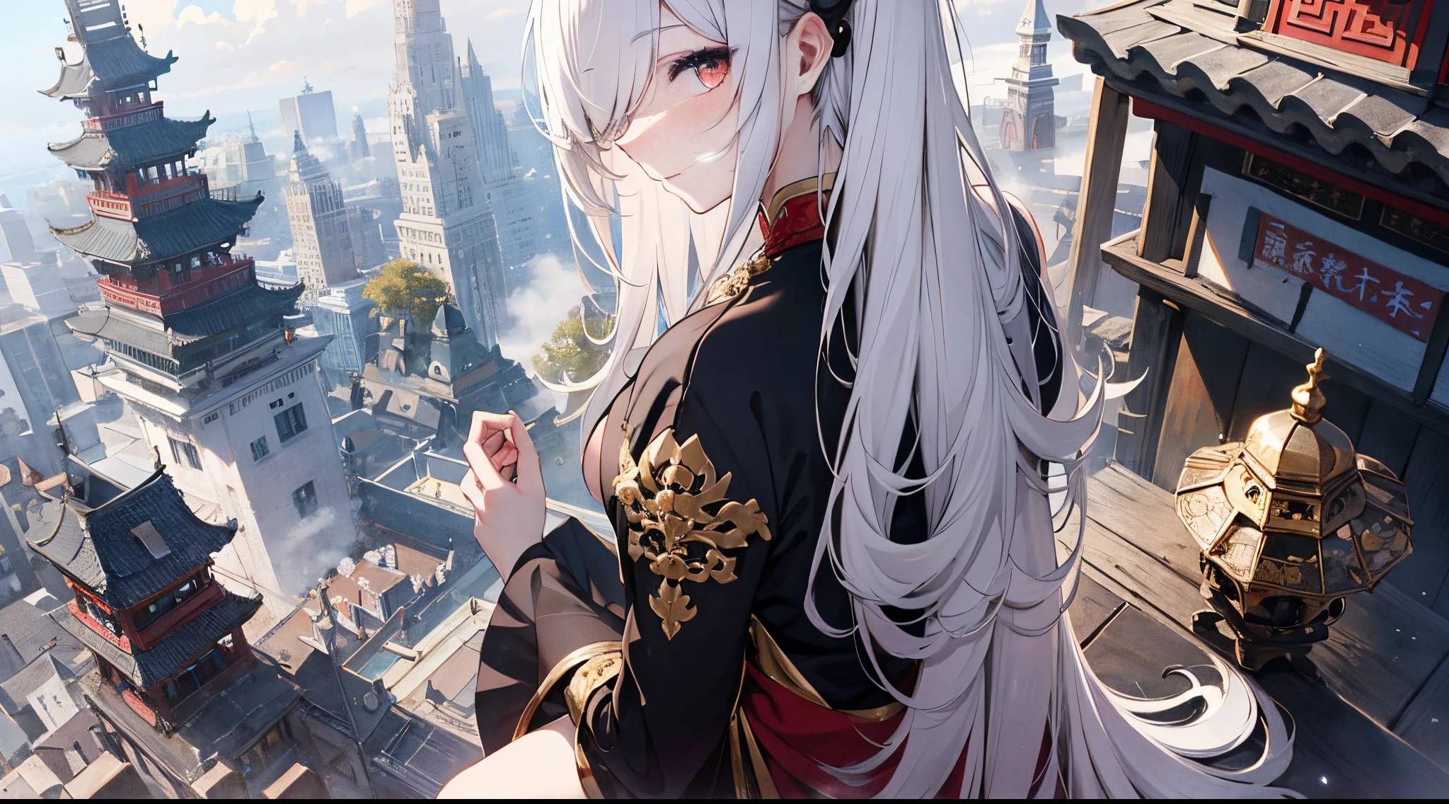 ((tmasterpiece:1.4, Best quality at best))+, (hyper-detailing)+, (exquisite red eye:1.5)+, (Detailed ears:1.5), (Cute girls), (Taoist clothing:1.5), Tight black silk, Very long hair, (Taijitu:1.2), pale-skinned, (white cloth:1.5), (cloth shoes:1.4), Taoist temple, High hills, stone statue, censer, dense fog, delicate legs, (Taoist:1.1), (dawn light:1.2), ), (Close-up cleavage:1.1), the only person, Hairbell, White hair, hair covering one eye, V-shaped eyebrows, Gloom (Expressing the), from back, from the above, Best quality at best, A high resolution, high detal, high qulity, 16k