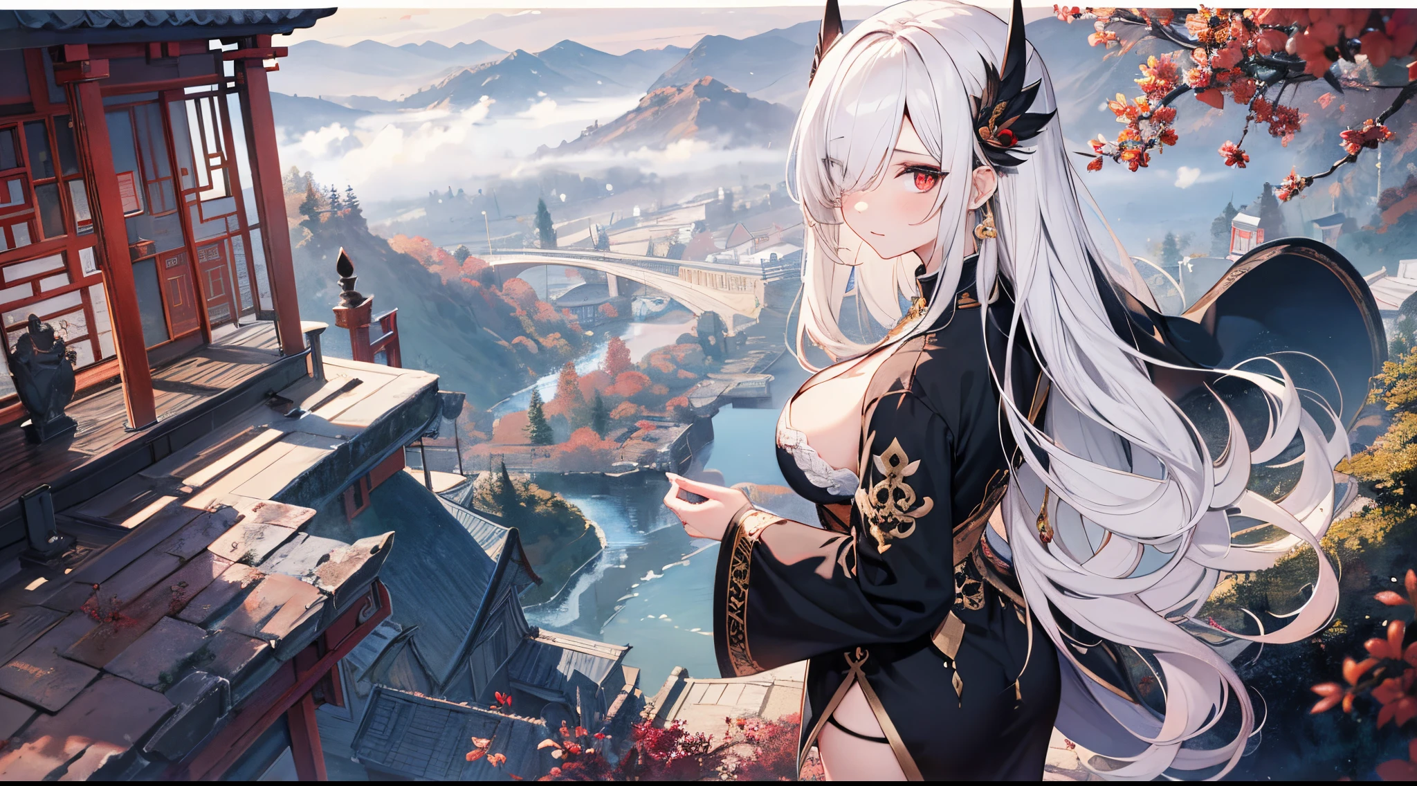 ((tmasterpiece:1.4, Best quality at best))+, (hyper-detailing)+, (exquisite red eye:1.5)+, (Detailed ears:1.5), (Cute girls), (Taoist clothing:1.5), Tight black silk, Very long hair, (Taijitu:1.2), pale-skinned, (white cloth:1.5), (cloth shoes:1.4), Taoist temple, High hills, stone statue, censer, dense fog, delicate legs, (Taoist:1.1), (dawn light:1.2), ), (Close-up cleavage:1.1), the only person, Hairbell, White hair, hair covering one eye, V-shaped eyebrows, Gloom (Expressing the), from back, from the above, Best quality at best, A high resolution, high detal, high qulity, 16k