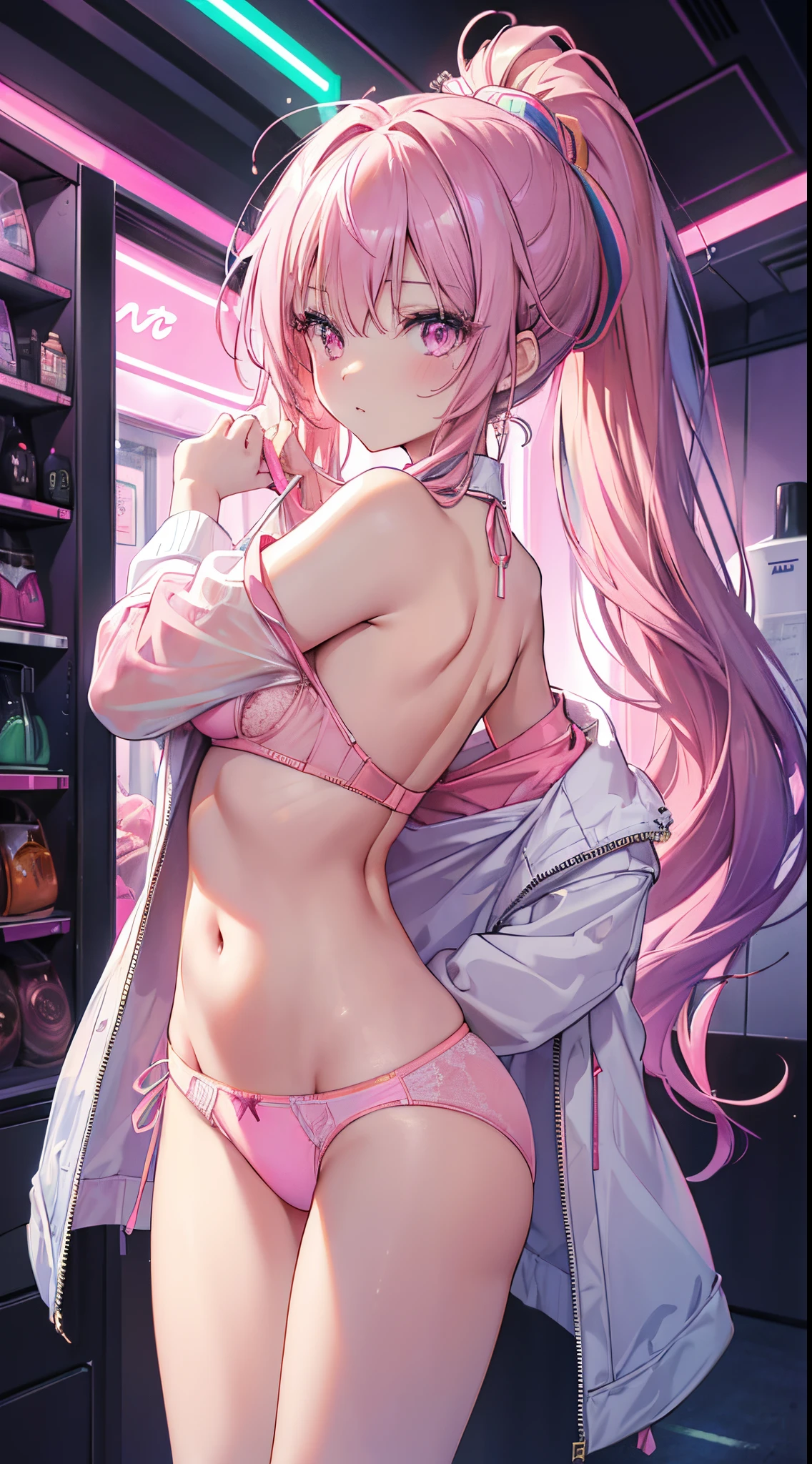 ((Masterpiece)), best quality, absurderes, ultra detailed, holographic, cowboy shot, golden ratio, leaning forward, showing cleavage, holding boobs, super cute girl, mature girl, idol girl, super beautiful asian girl with very beautiful violet glowing eyes, beautiful glowing brown multicolored hair, high ponytail, nice and sexy body, slim body, perfect body, an anime printed super tight off shoulder long sleeve crop top, a super aesthetic transparent mini jacket, beautiful hair ornament, pink jordan tennis, being photographed in a mall shop,( undressing, showing neon pink panties, showing thong: 1.5)