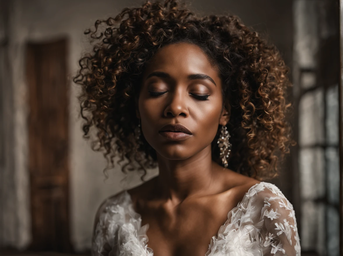 african woman looking confused, closed eyes, curly hair, bride, centered, with wedding dress, cinematic shoot