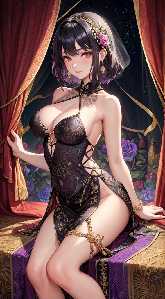 A female with medium breasts, slim body, tempting body, nice bare leg, bare arm, nice cleavage, bare shoulders, short hair, black hair, silk bed, silk mattres, soft bed, silk ornament, night lighting, flowers hair piece, feathers, particles, light rays, (masterpiece, top quality, best quality, official art, beautiful and aesthetic:1.2), (1girl:1.3), extremely detailed,(fractal art:1.1),(colorful:1.1)(flowers:1.3), highest detailed,(zentangle:1.2), (sexy sit pose), (curtain background:1.3), (shiny skin), (many colors:1.4), (earrings:1.4), (tight short dress:1.2), black dress, (shiny skin), (many colors:1.4), (earrings:1.4), sexy eyes, innocent, smile, sweet, beautiful, attractive body, gorgeous, pink blush, waiting, want something.