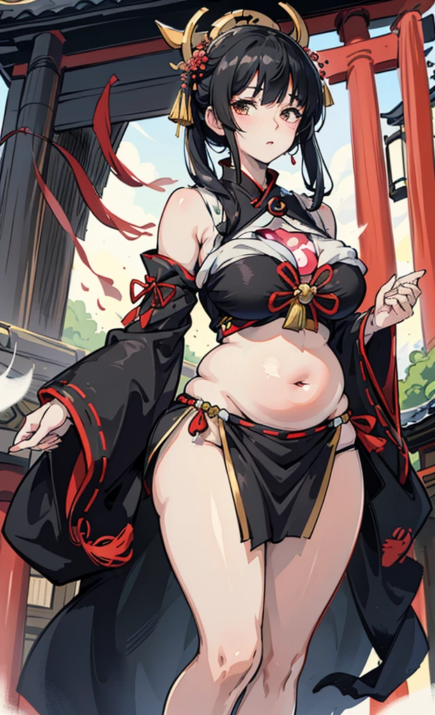 Anime Girl, the body is slender、very large belly, extremely big ass, big black hair, very large waistline,shrine maiden、My chest is exposed