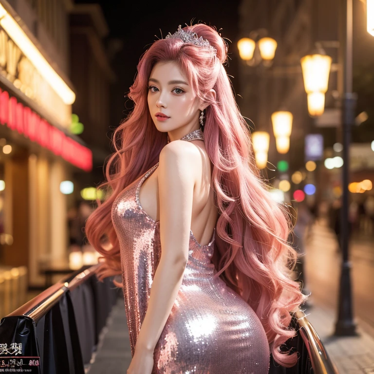 Imperial sister,maam,(Long pink curly hair,Hair combed back))), Sequins,Diamonds sparkle without clothes,Vintage,collars,shopping mall,bblurry,vague background,blurryforeground,lamplight,facula, to contrast, Phenomenal aesthetics, Best quality at best, sumptuous artwork,PBR rendering+UE engine,16k,A high resolution,tmasterpiece,high high quality,beautiful wallpaper,high detal, 16k——ar 9:16 --s 750 --niji 5 on