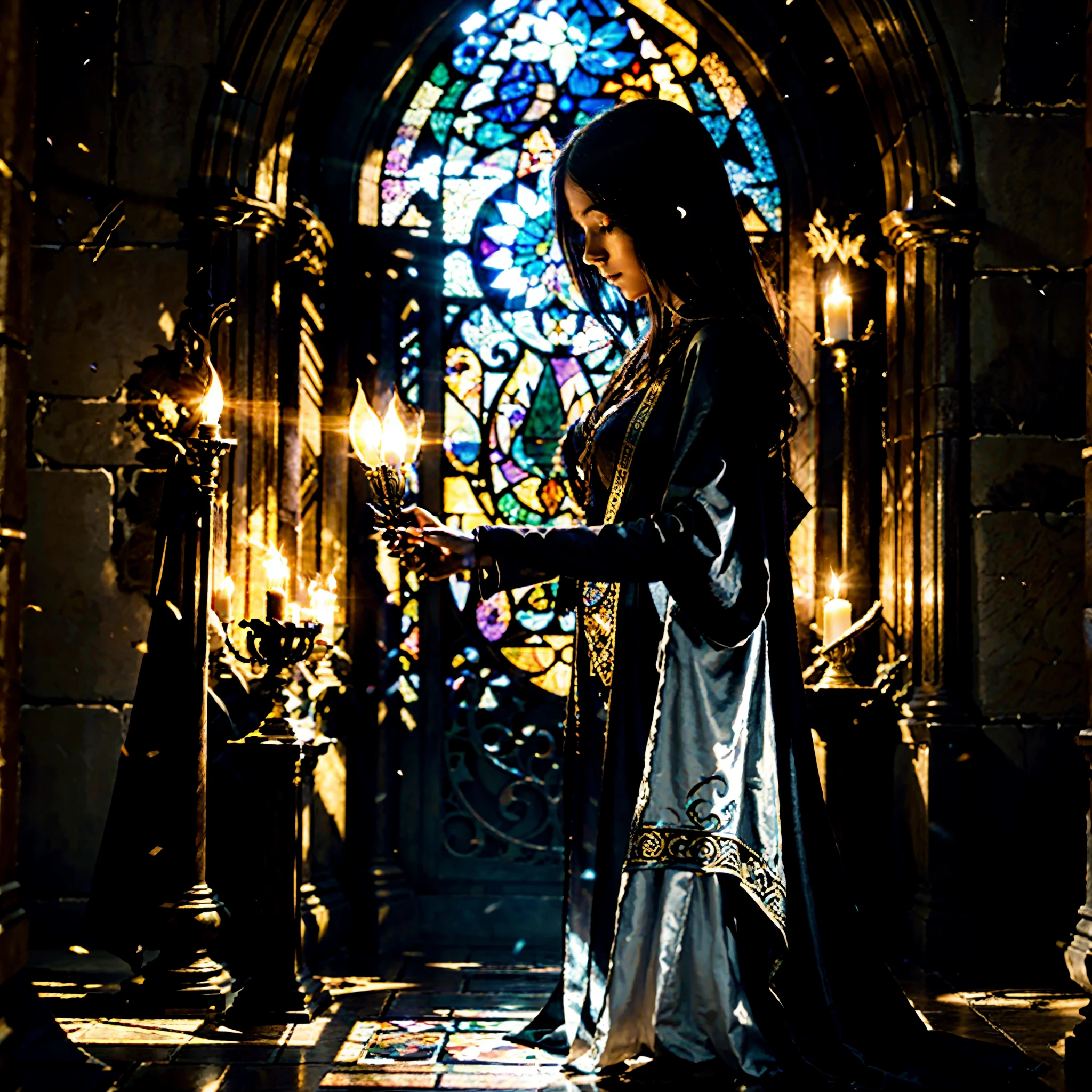 /imagine prompt:A mysterious temple with a powerful sorceress character in an ornate Art Nouveau style inspired by the works of Czech artist Alphonse Mucha. The lighting should be dim and flickering, with torches and candles casting shadows. The emotional context should be magical and mystical. The angle of view should be from eye level, looking directly at the sorceress. Time of day should be dusk. The setting should be a dark temple with intricate carvings and stained glass windows. Technical details should include intricate patterns on the sorceress's robes and glowing magical runes in the air. The art medium should be ballpoint pen on paper with added digital coloring and lighting effects to create a magical and mystical atmosphere. --ar 7:4
