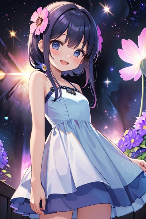 ((masterpiece、top-quality:1.5、a high chroma:1.5、ultra-detailliert、high-resolution illustrations:1.5、Ultra-high-definition CG、8k size wallpaper、offcial art))、,(beautiful countenance、:1.5)、(seductive smile:1.3),(()),
())、(A dress made of many flowers :1.5),(),(Standing:1.5)、Seductive smile,Open mouth, (small breasts:1.3)、
,(positive:1.5),(cowboy shot:1.5)、(The background is a Double structure of flowers and galaxies:1.5)、girl with, masutepiece,