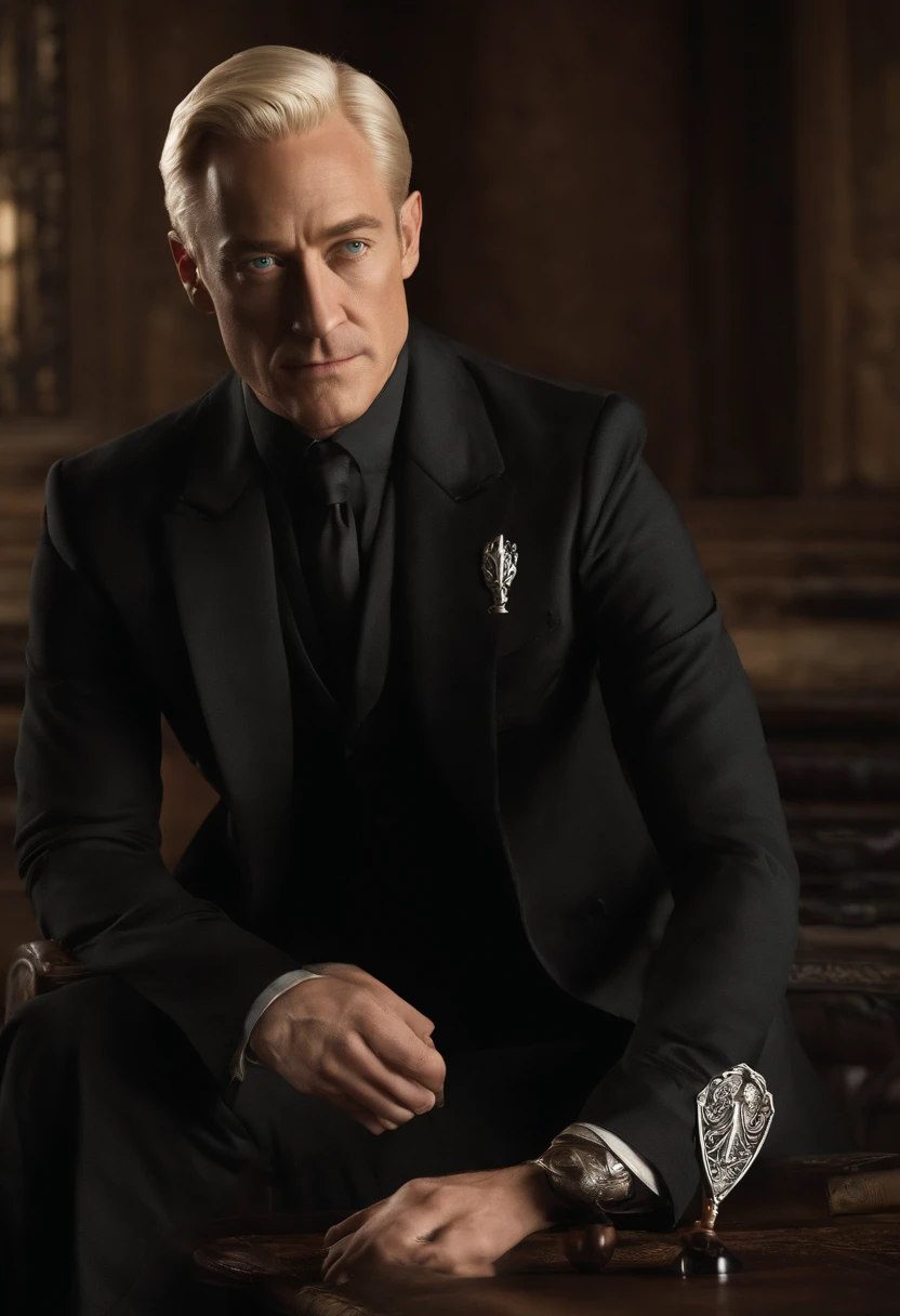 An elegant silver and emerald quill, intricately carved and dipped in dark, rich ink, poised thoughtfully on a parchment with the Malfoy family crest embossed in silver.,Harry Potter and the Chamber of Secrets,Lucius is tall with long straight blonde hair, icy blue eyes, wears black suits and robes, carries a walking stick with a silver snake head at the top. Famously portrayed by Jason Isaacs, male
