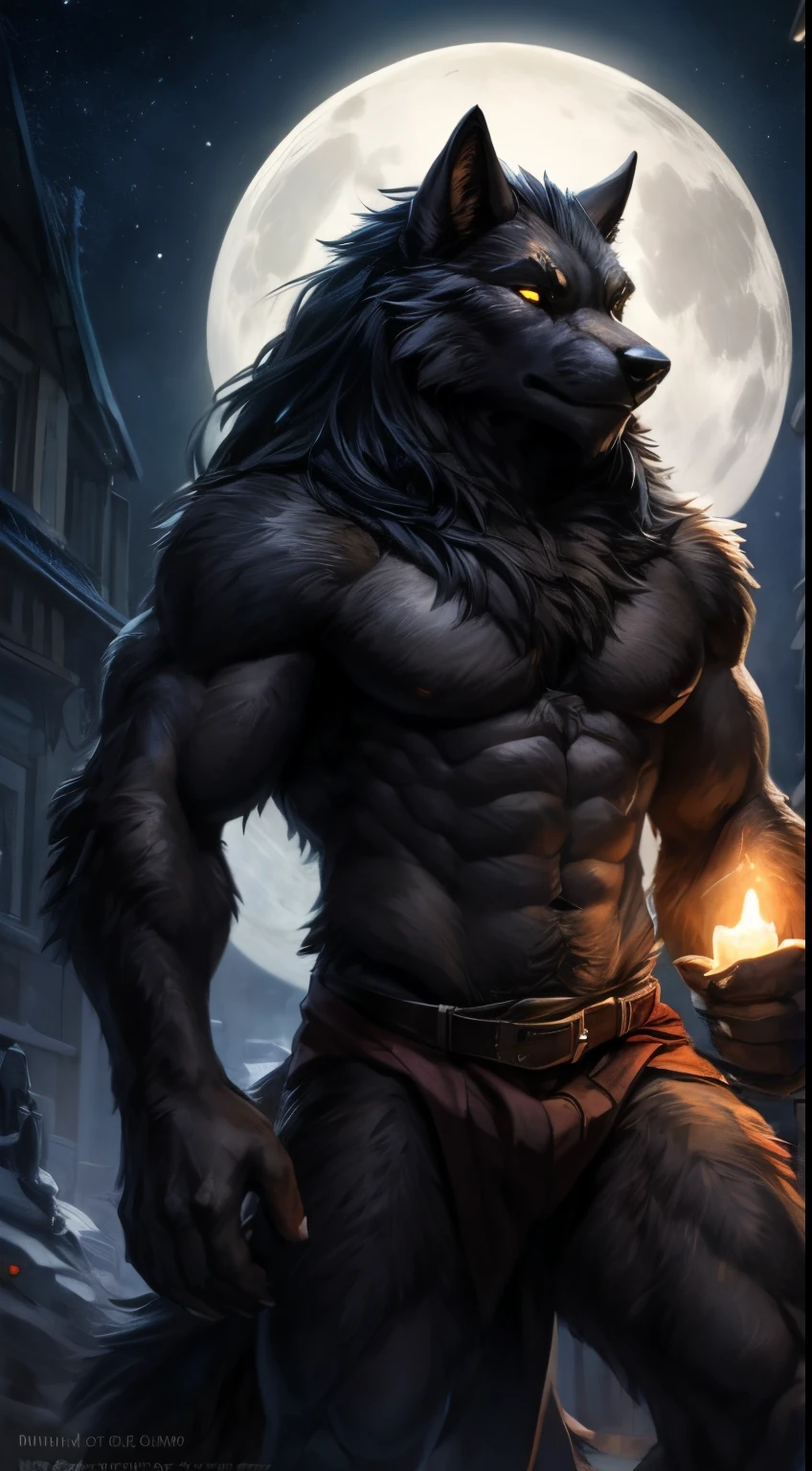 Werewolf male, full body covered in fluffy fur, , big muscular chest, volumetric abs, day, sensual, detailed, uploaded to e621, beautiful and detailed portrait of an anthropomorphic black werewolf (((male))) kenket, ross tran, ruan jia, uploaded to e621, zaush, foxovh, movie lighting, moon lights, glowing eyes, black fur, long dark mane of hair