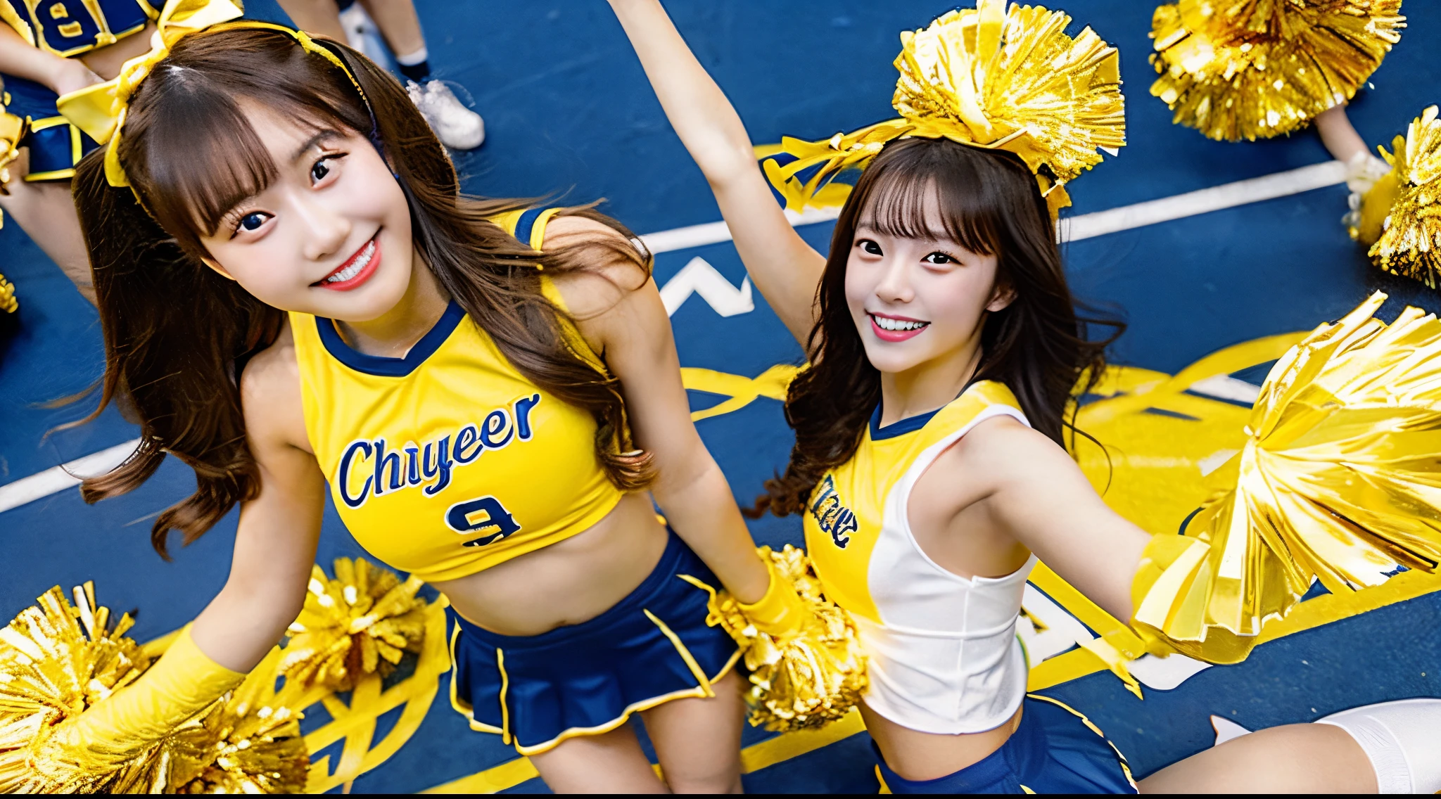 Cute 18-year-old cheerleader in a yellow miniskirt