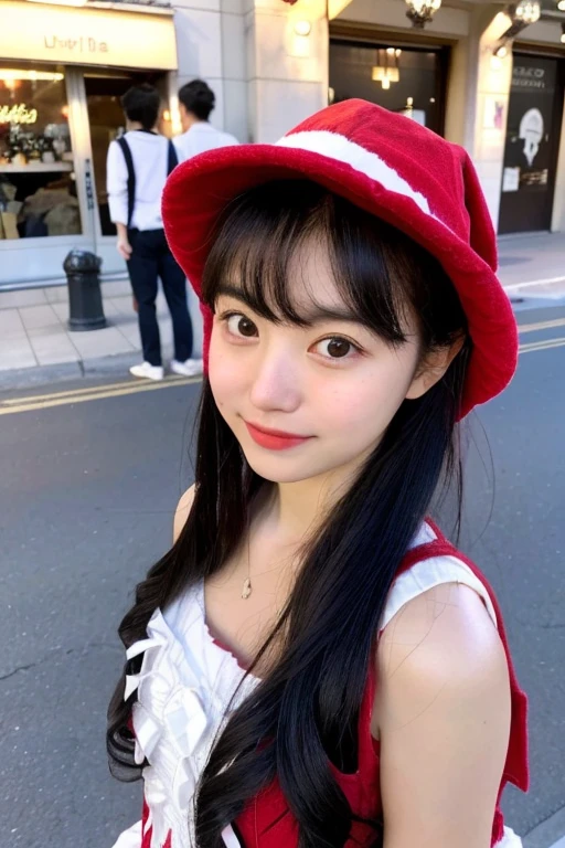 An ultra-high picture quality、((Only one girl appears in the photo、red and white santa costume))、(Very cute 27 year old Japanese woman、lovely expression、Very good style、Black hair, shoulder length、Softwave)、A downtown date with my girlfriend on Christmas Day、Very fun、