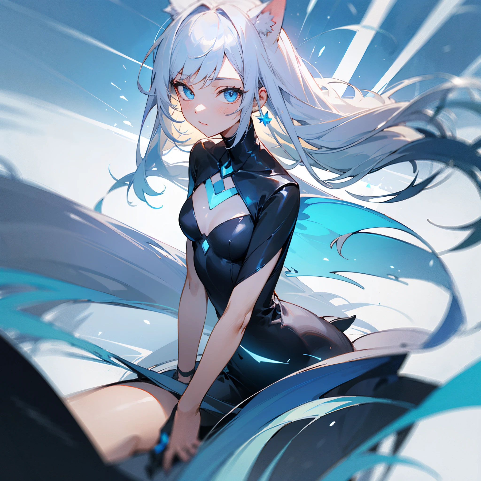 8k, highest quality, (real:1.4), Original photo, 1 girl, Asari Hair, Biological Amplifier, refined armor, posture: Peace talks between warring factions, smart blue eyes,A modest smile、Knee-high boots、Blue big moon and blue light swirl in the background、Blue light from behind、blue light magic