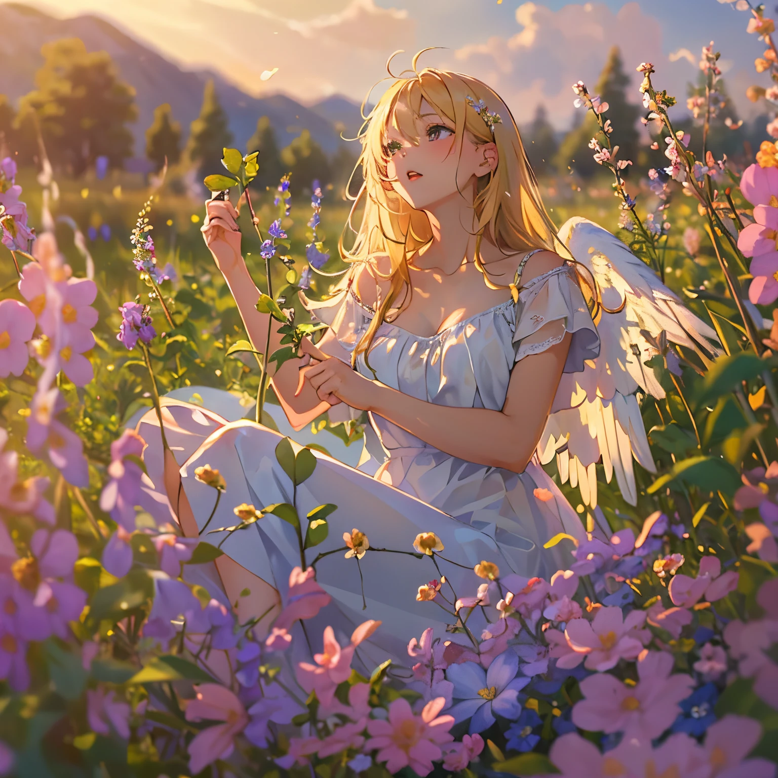 ((Best Quality, 8K, Masterpiece:1.3)), 1girl, lovely angel, flaxen hair, cherry-lipped beauty, sit on the flowering alfalfa, Singing With the lark, in the early morning , in the clear summer sun, (depth of field:1.3)