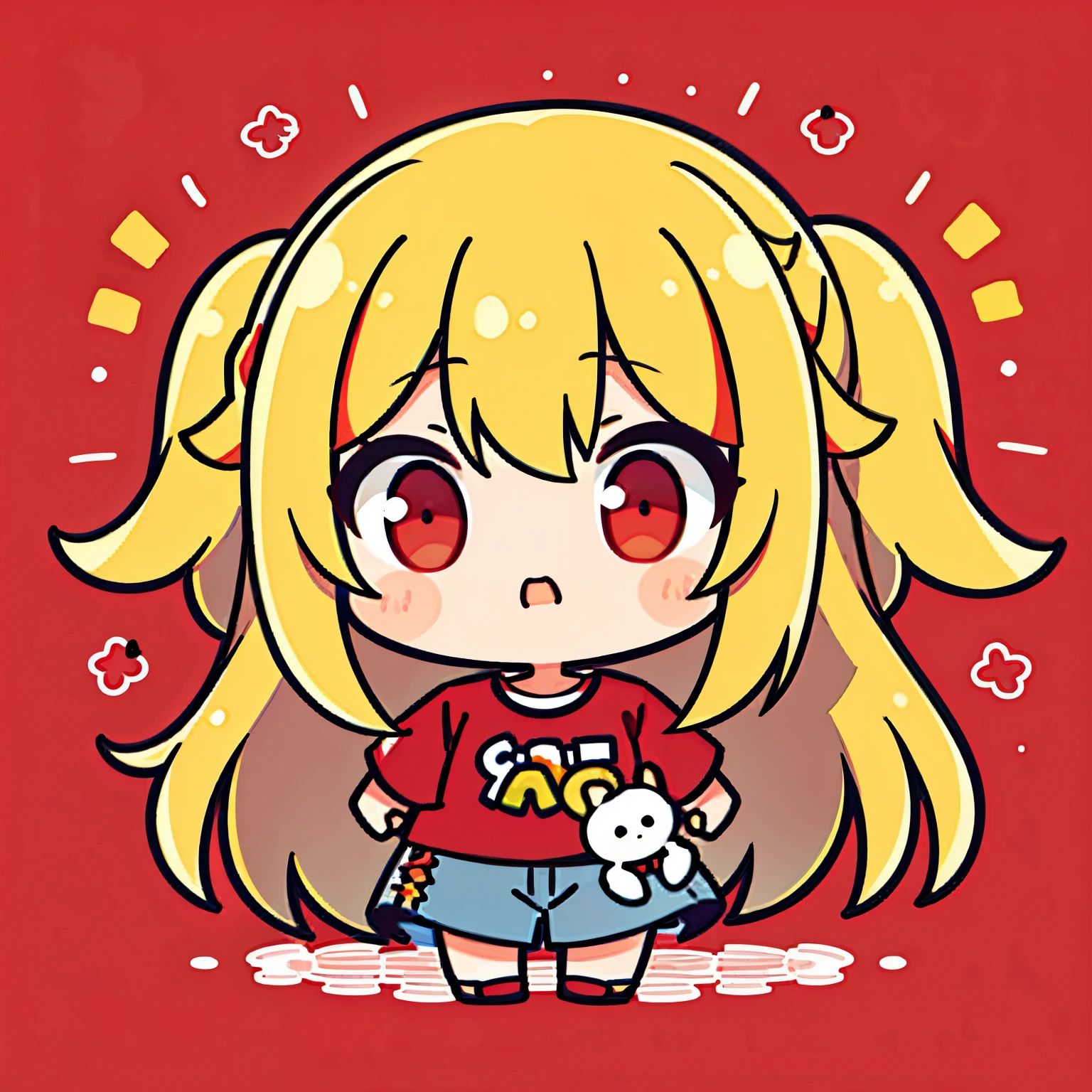 ​masterpiece, Top  Quality,   1girll、cartoon bones、 chibi:1,Chibi Kiara,cowboy shots, a blond, Long hair, Overfit red t-shirt, Colorless plain background