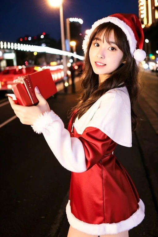 An ultra-high picture quality、((Only one girl appears in the photo、red and white santa costume))、(Very cute 27 year old Japanese woman、lovely expression、Very good style、brown hair shoulder length、Softwave)、A downtown date with my girlfriend on Christmas Day、Very fun、