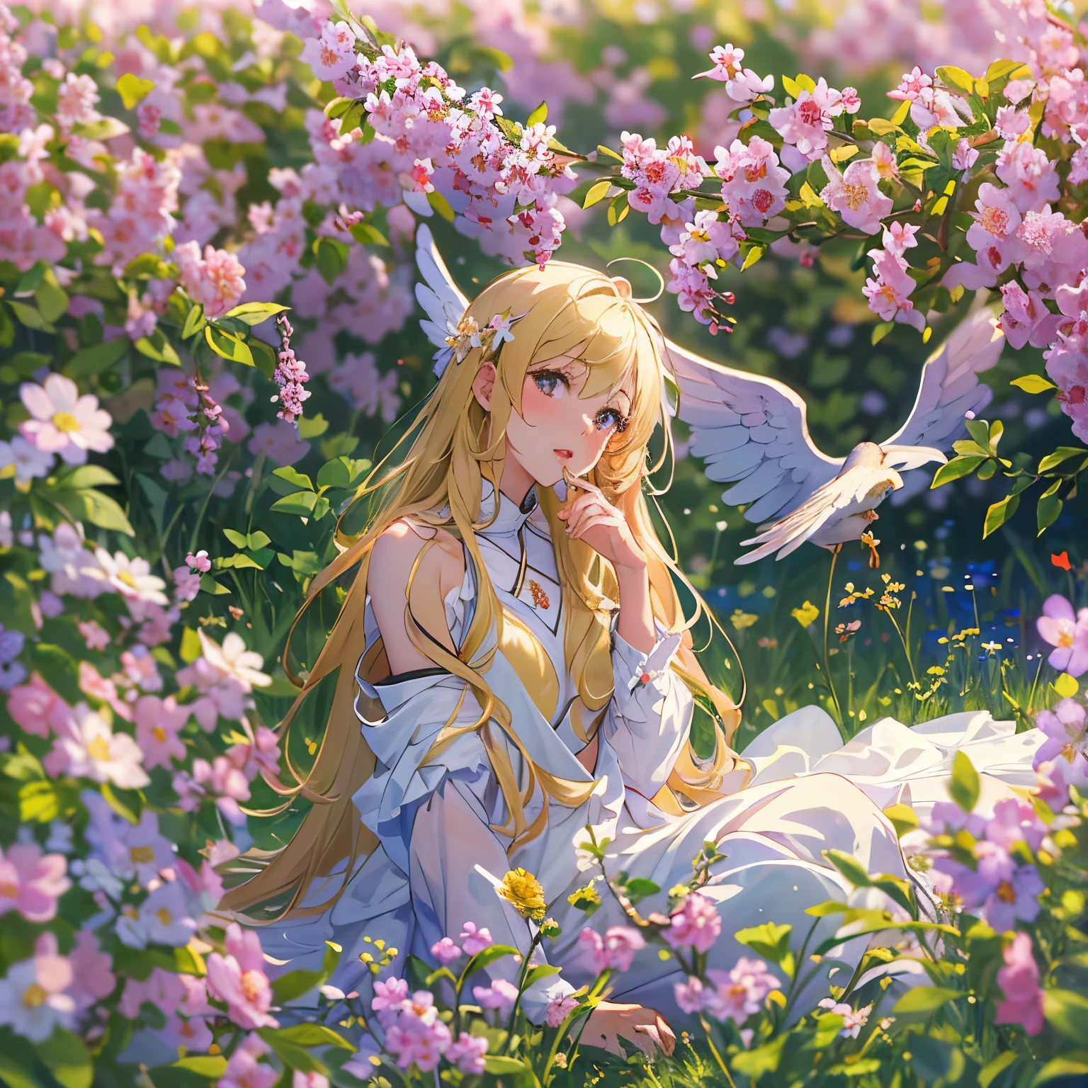 ((Best Quality, 8K, Masterpiece:1.3)), 1girl, lovely angel, flaxen hair, cherry-lipped beauty, sit on the flowering alfalfa, Singing With the lark, in the early morning , in the clear summer sun, (depth of field:1.3)