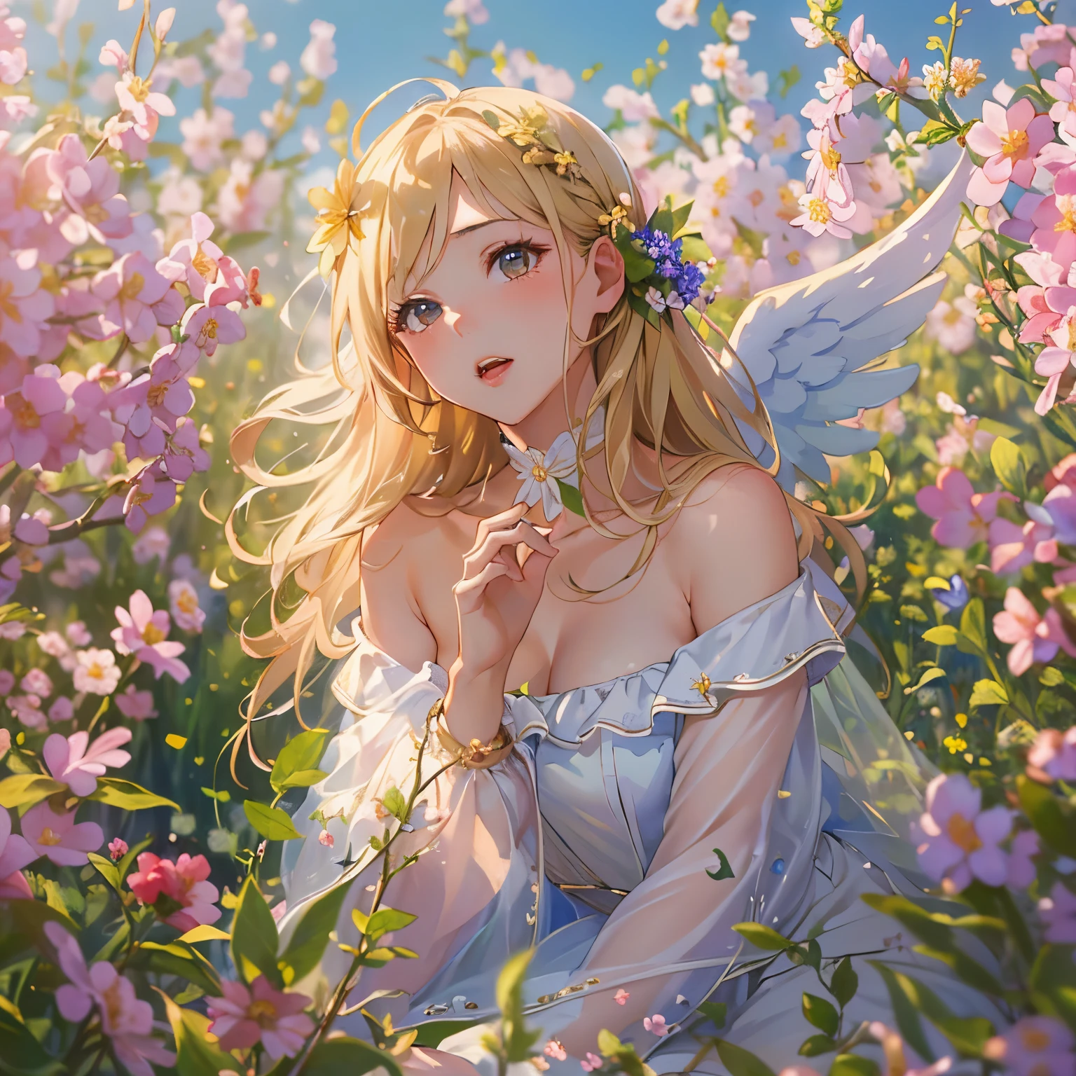 ((Best Quality, 8K, Masterpiece:1.3)), 1girl, lovely angel, flaxen hair, cherry-lipped beauty, sit on the flowering alfalfa, Singing With the lark, in the early morning , in the clear summer sun, (depth of field:1.3)