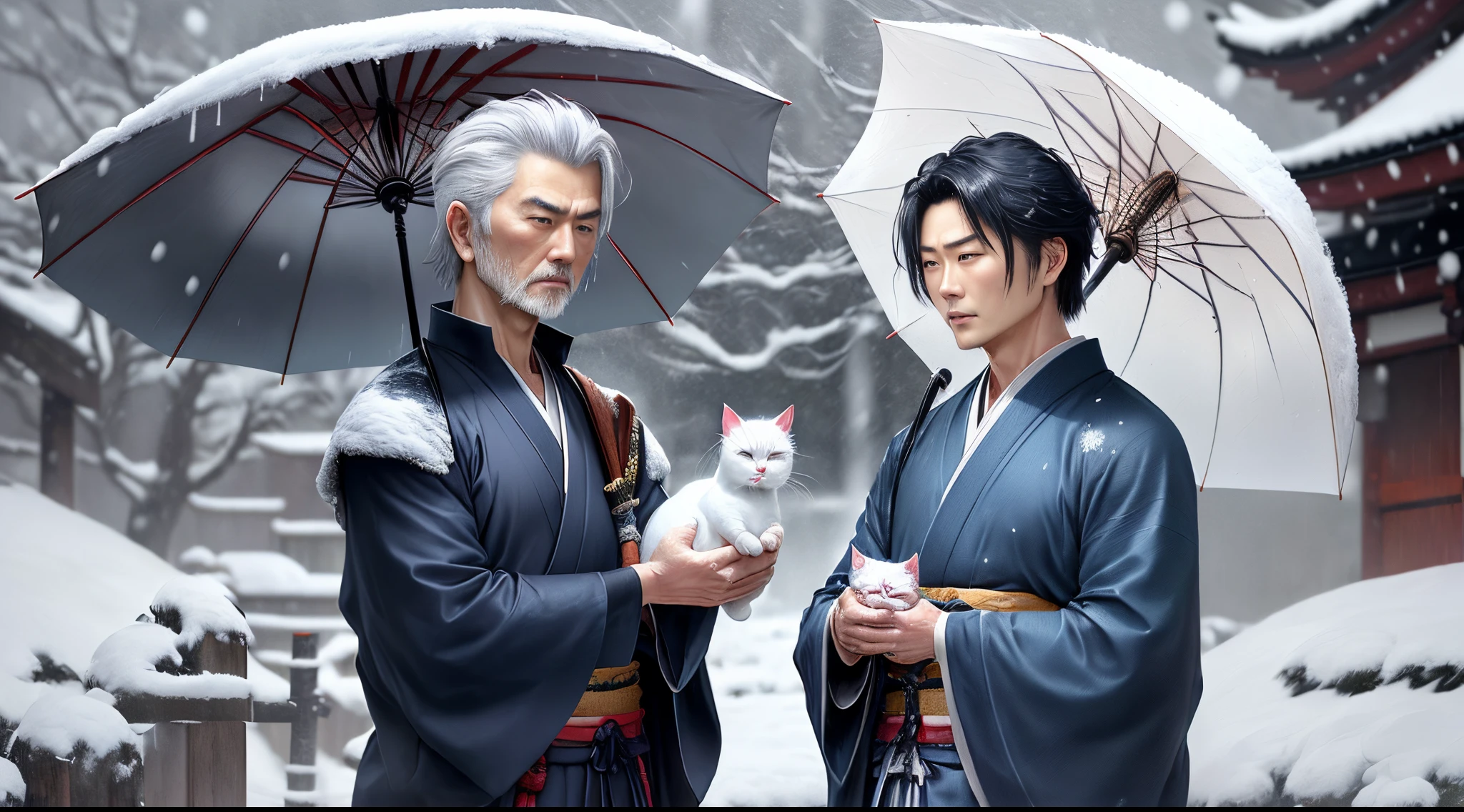 （I don't have an umbrella）((drama cat samurai)）frontage、Upper body kimono dark blue(Tsumugi Oshima）A cool old man who wears(assassin face）（Kazuki Kitamura）（（holding a white cat in one hand））、cold rain in winter、Expressing sadness with a frontal hairstyle。(Samurai Hair)The world of a silver man with a sword at his waist。monotone、No beard with falling snow、（（（Without umbrella）））