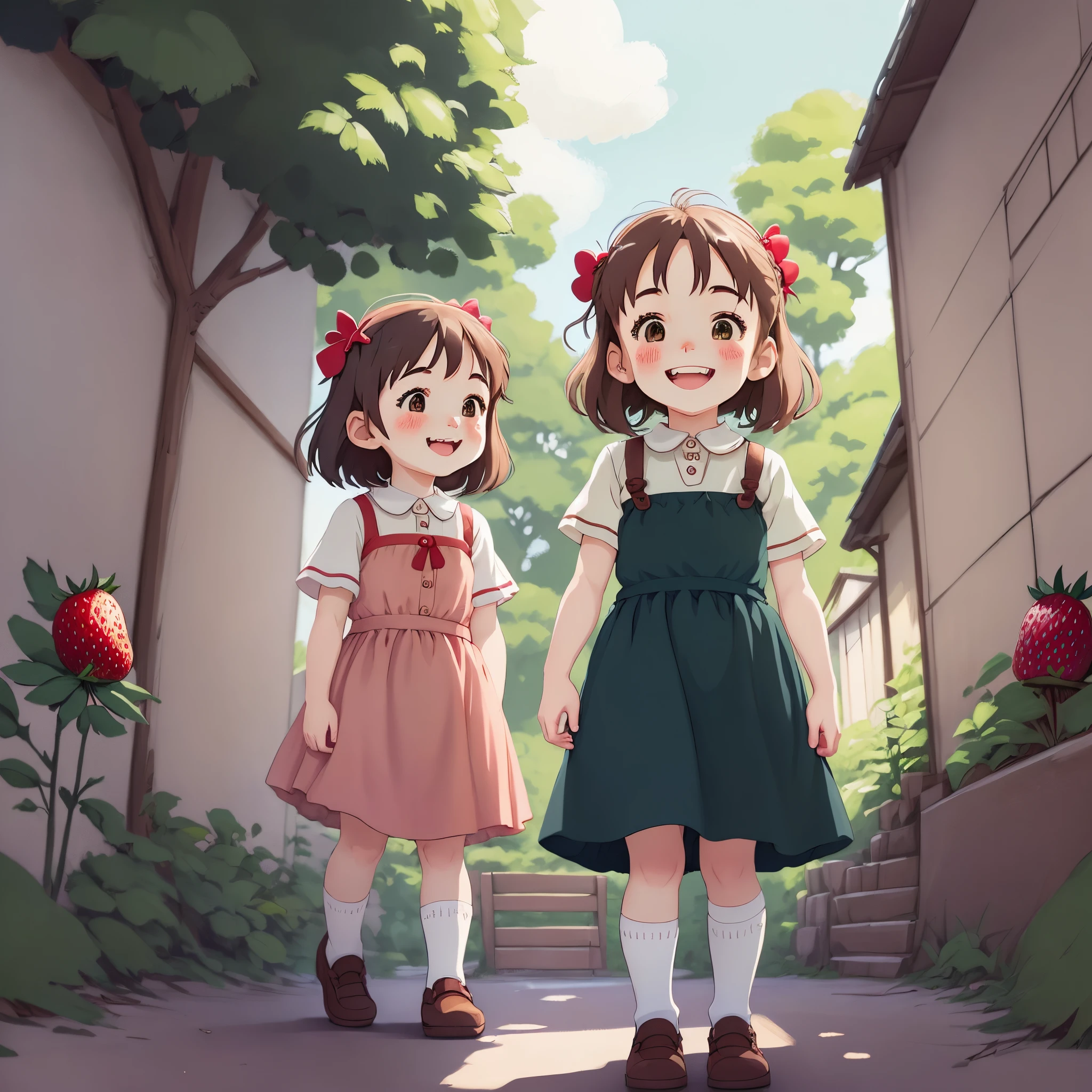 Happy girl. Bucolic style. Women's children's clothing. Smooth color. Simple art. Ghibli studio style. Strawberry character style.