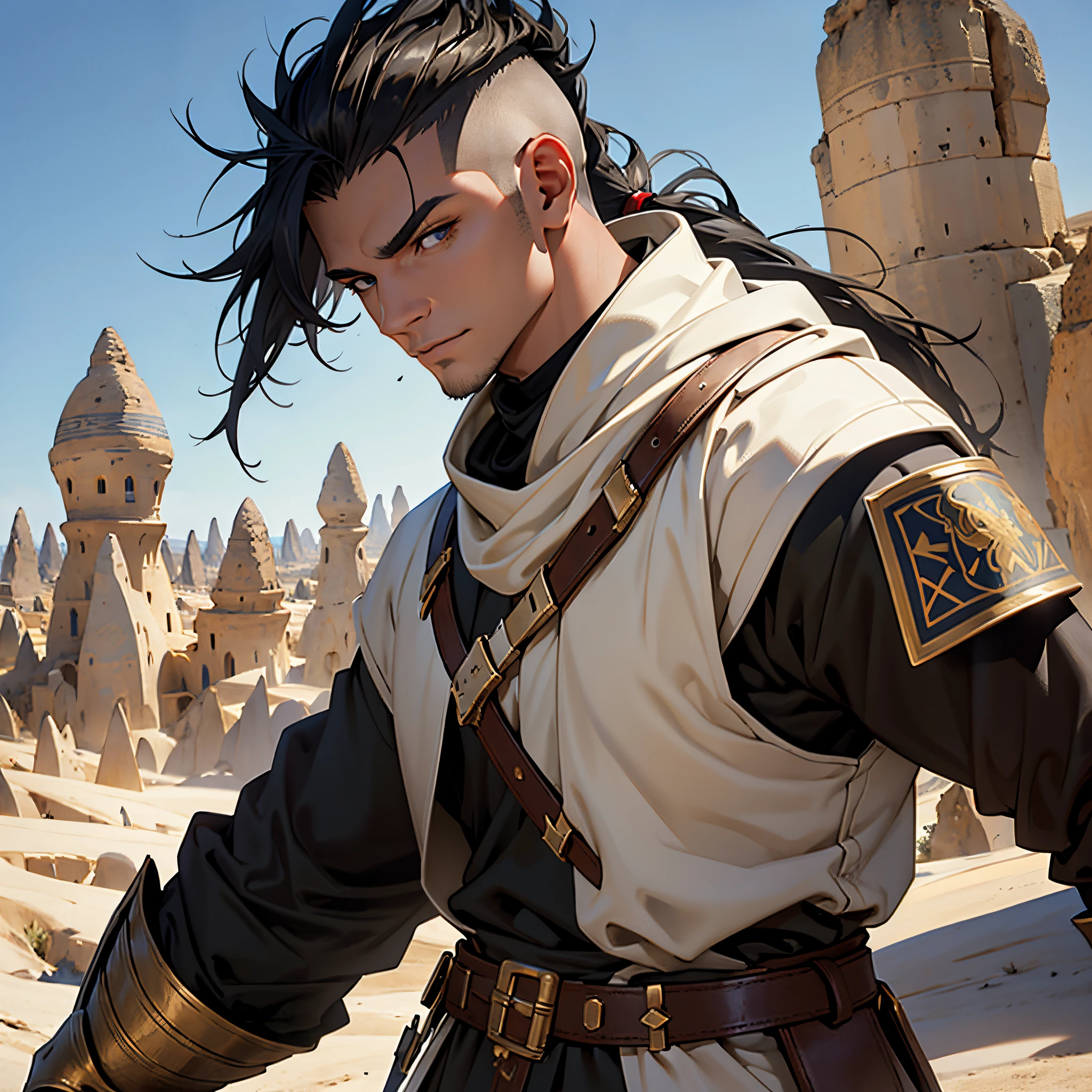 masterpiece, Best Quality, 4k, Very detailed, Close-up of a person, Background with:Medieval Cappadocia in the desert, Warrior wearing leather armor and white hijab, skinny man with black mohawk hair