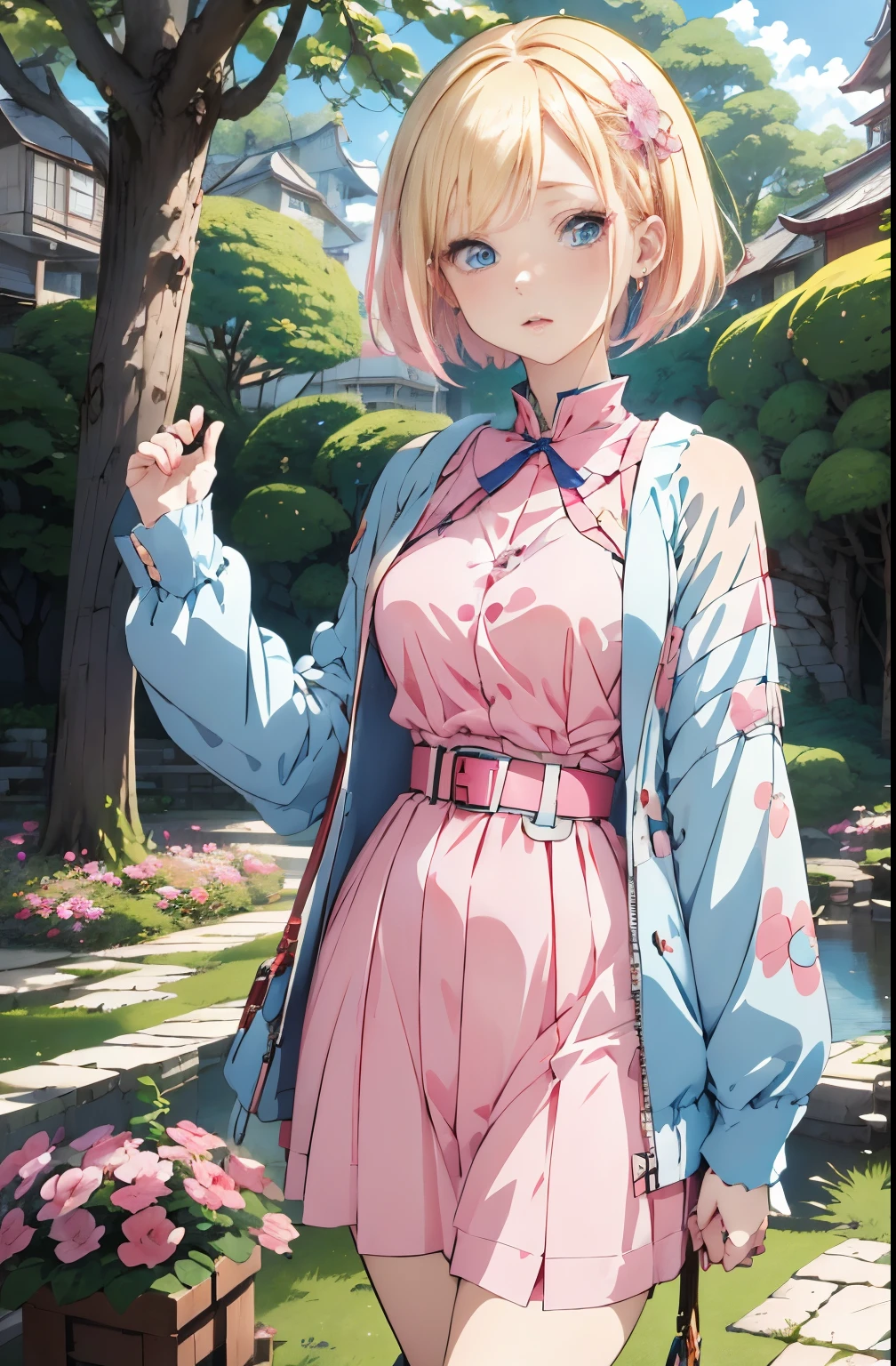 (masutepiece, Best Quality) Detailed, 1character , Blue Archive Art Style , wearing a blue jacket, Pink belt , Outfits inspired by BLACKPINK, croptop,stunning woman , Short hair , Blonde hair , Orange Eyes , no pupils , Pink lips , pale skin , 26 years old,
, pastel color fading , Cell shade ,