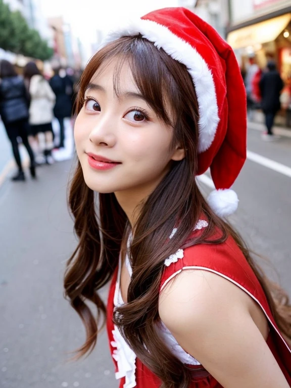 An ultra-high picture quality、((Only one girl appears in the photo、red and white santa costume))、(Very cute 27 year old Japanese woman、lovely expression、Very good style、gloss々Hair、brown hair shoulder length、Softwave)、A downtown date with my girlfriend on Christmas Day、Very fun、