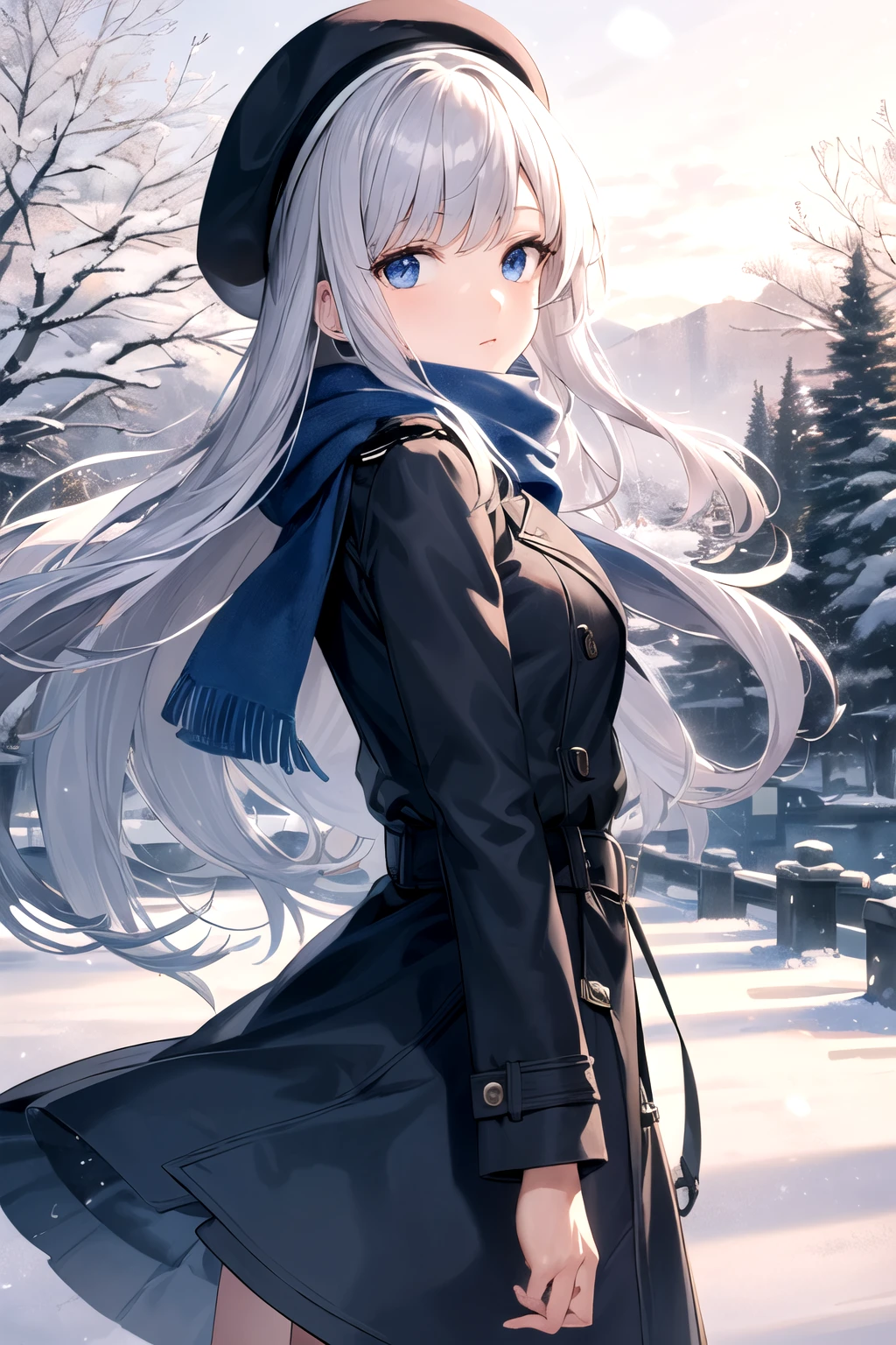 solo girl, 20 years old, from side, looking at viewer, long hair, silver hair, light blue eyes, medium breast,fluffy Scarf, trench coat,beret,pleated skirt, dark blue clothes, outdoors, flowing wind, tree, snow, Best Quality, High resolution, Extremely detailed, Detailed background, Perfect Lighting