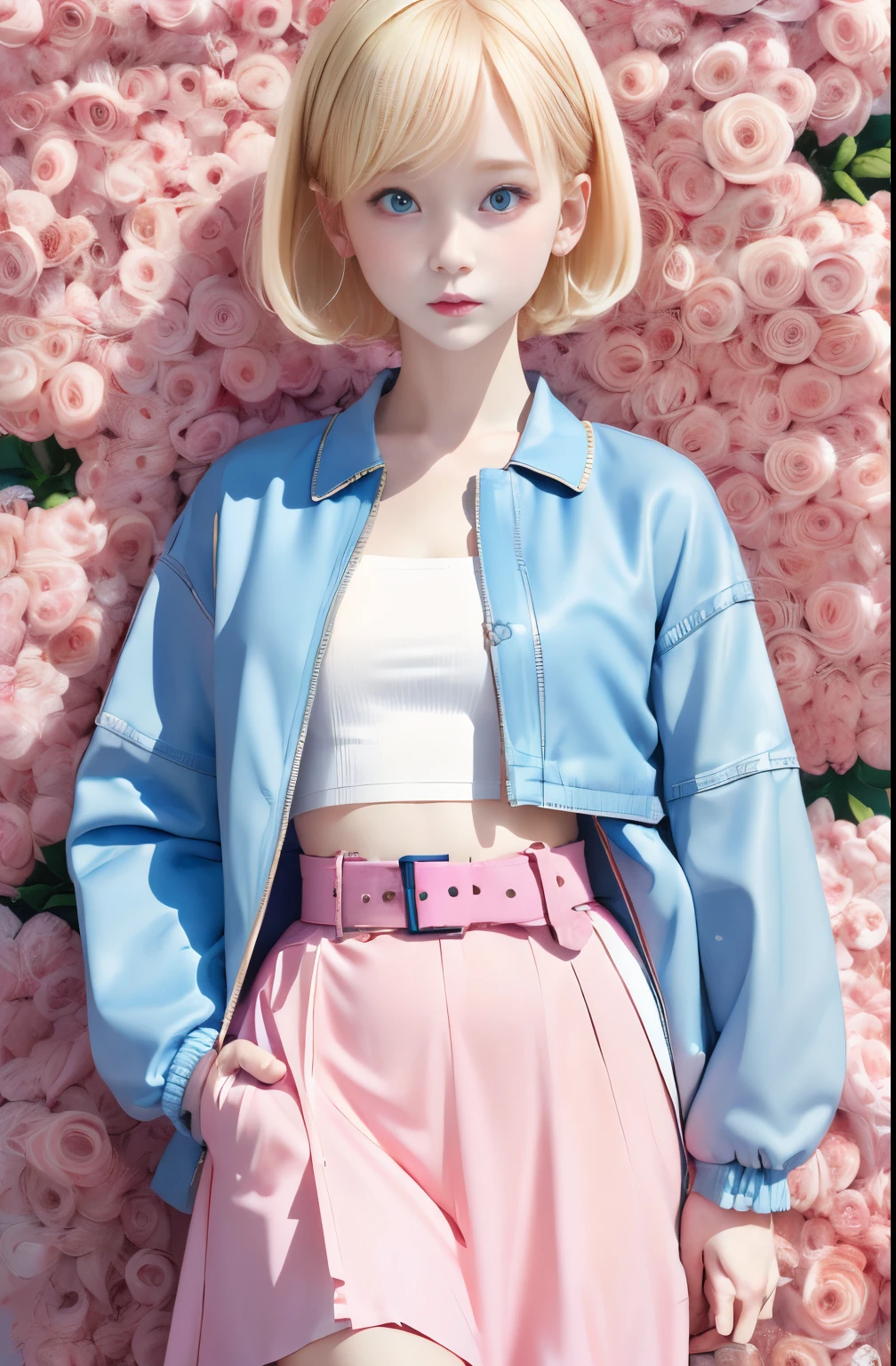 (masutepiece, Best Quality) Detailed, 1character , Blue Archive Art Style , wearing a baby blue jacket, Pink belt , Outfits inspired by BLACKPINK, croptop,stunning woman , Short hair , Blonde hair , Orange Eyes , no pupils , Pink lips , pale skin , 26 years old,
, pastel color fading , Cell shade ,
