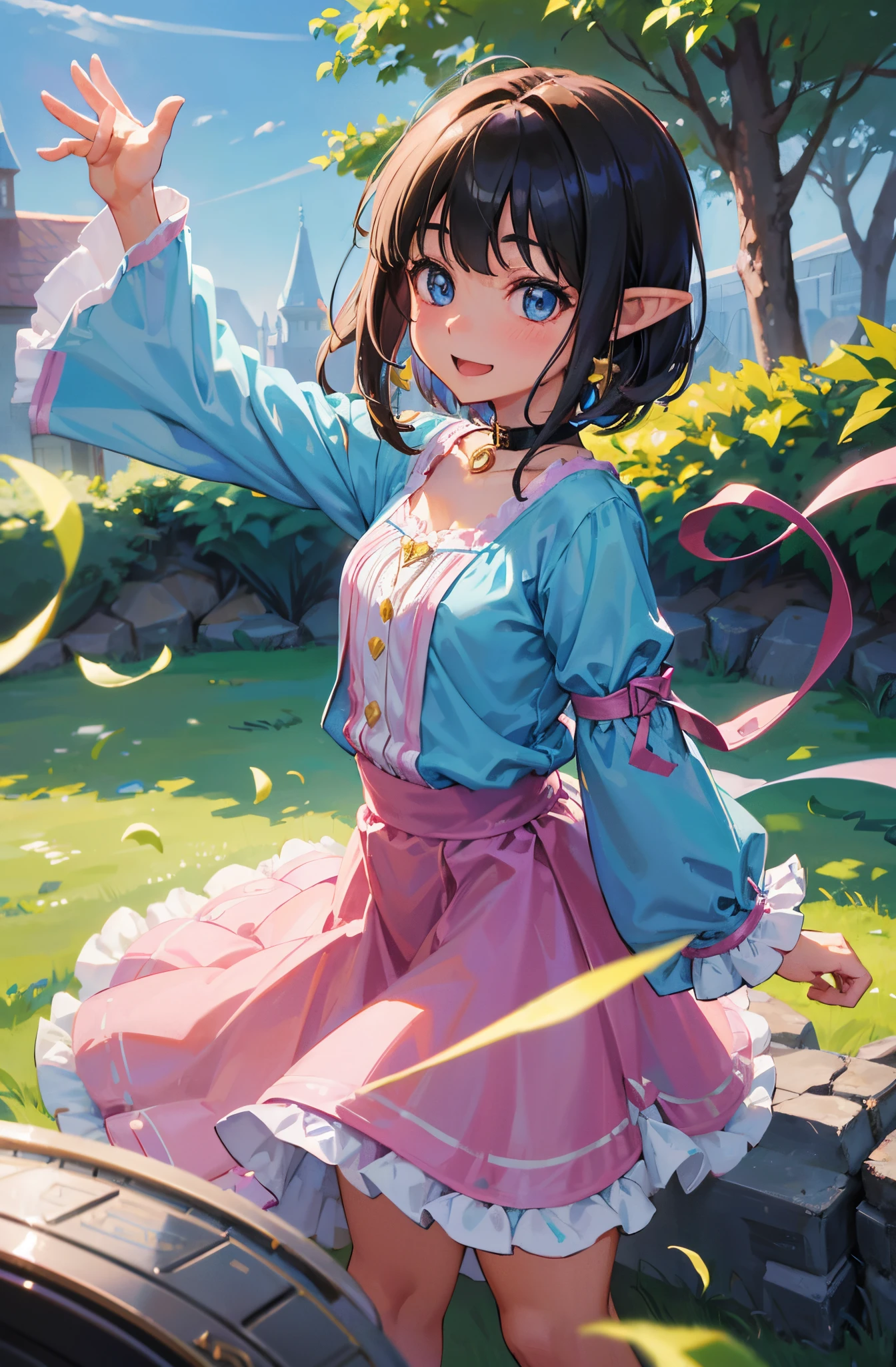 (One young girl around 14 a bit fat), gnome, (short elf ears), blue eyes, joyful, singing and dancing, smiling, light brunette hair, ((short hair with bangs, Hair collected)),((fantasy bard outfit, very long skirt, pink and blue outfit)), fantasy background, choker with a musical note chain, earrings, ((perfectly draw hands)), left hand grabbing dress, ((young face)), young appearance