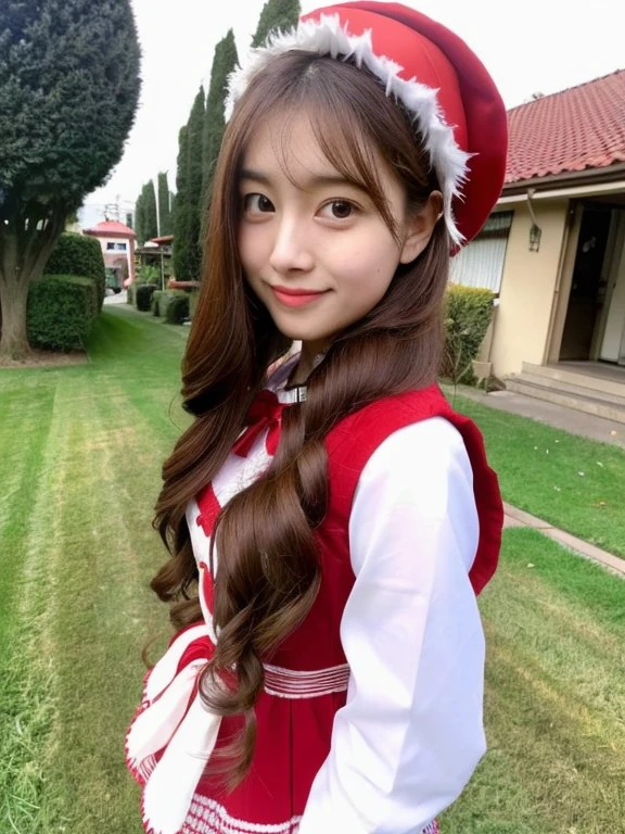 An ultra-high picture quality、((Only one girl appears in the photo、red and white santa costume))、(Very cute 27 year old Japanese woman、lovely expression、Very good style、gloss々Hair、brown hair shoulder length、Softwave)、My girlfriend came to my house on Christmas day.、Very fun、