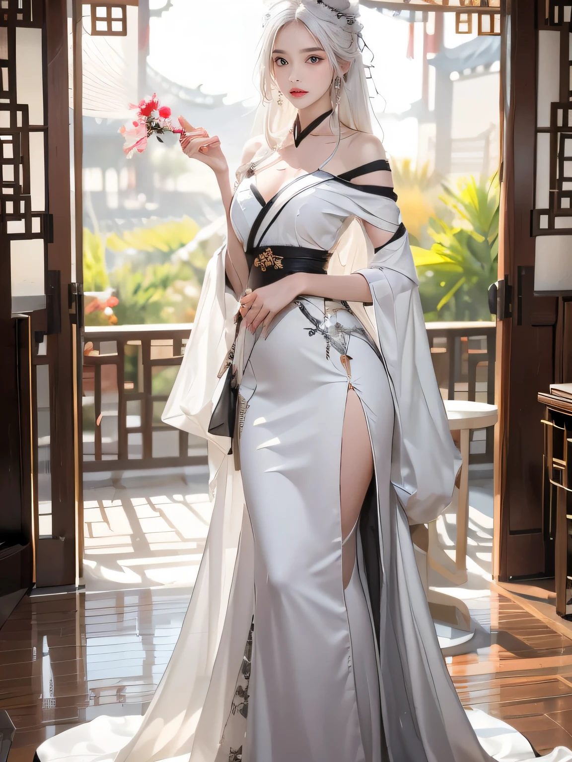 realistically, A high resolution, 1人の女性, perfect body figure, The figure is a little fat,pretty eyes, Long gray hair, eye socket, jewely, Hanfu, a beautiful woman in china, white off shoulder dress clothes,Stand up and show your legs,Legs are very thin and long,Translucent skin,Beautiful waist,White hair