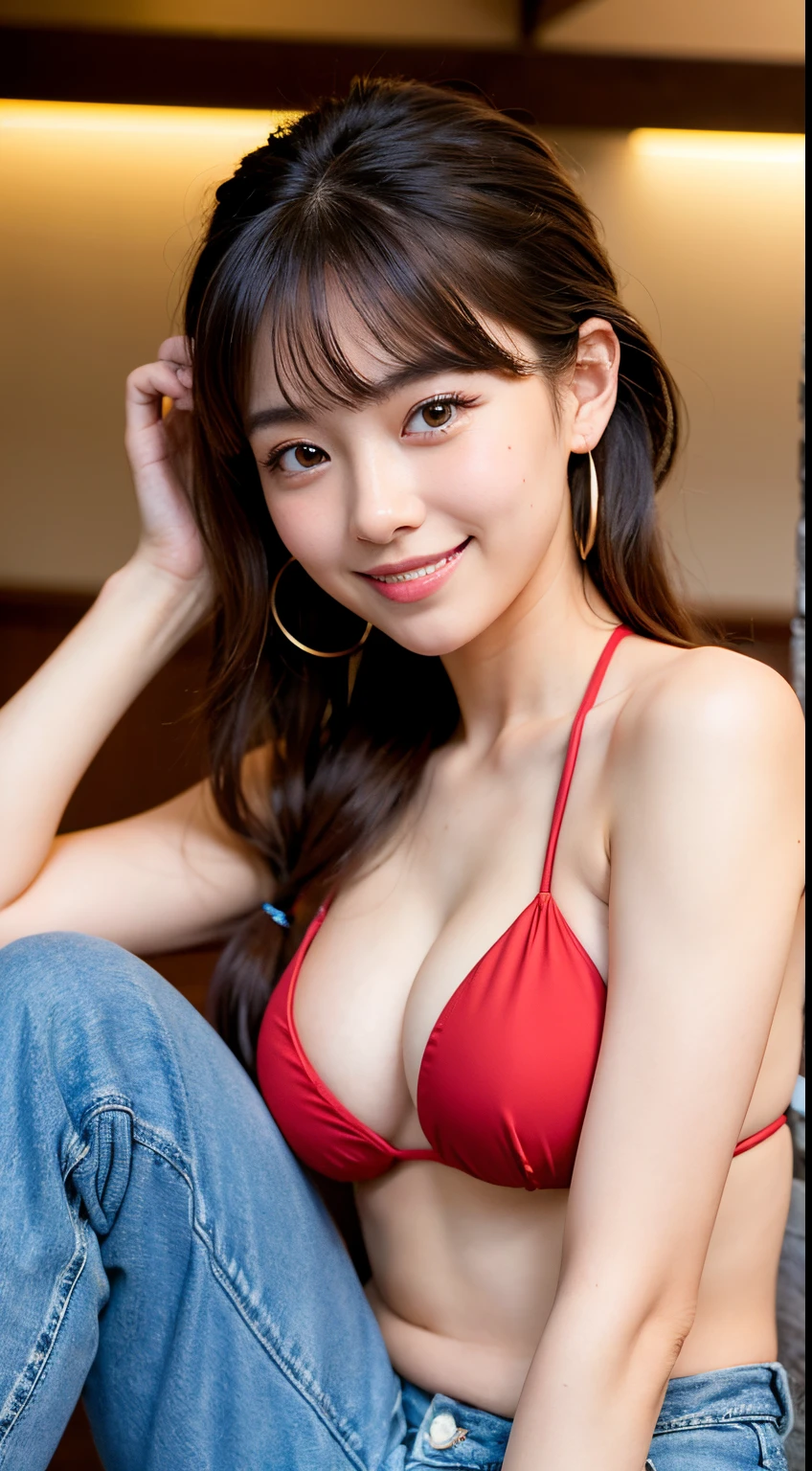 ((Best Quality)), ((masutepiece)), (Detailed), Perfect face、22Japan year old woman、Pretty Beauty、Brown shortcuts、poneyTail、The tips of the hair are wavy、Great smile、Wearing a red bikini、Wearing a denim miniskirt、