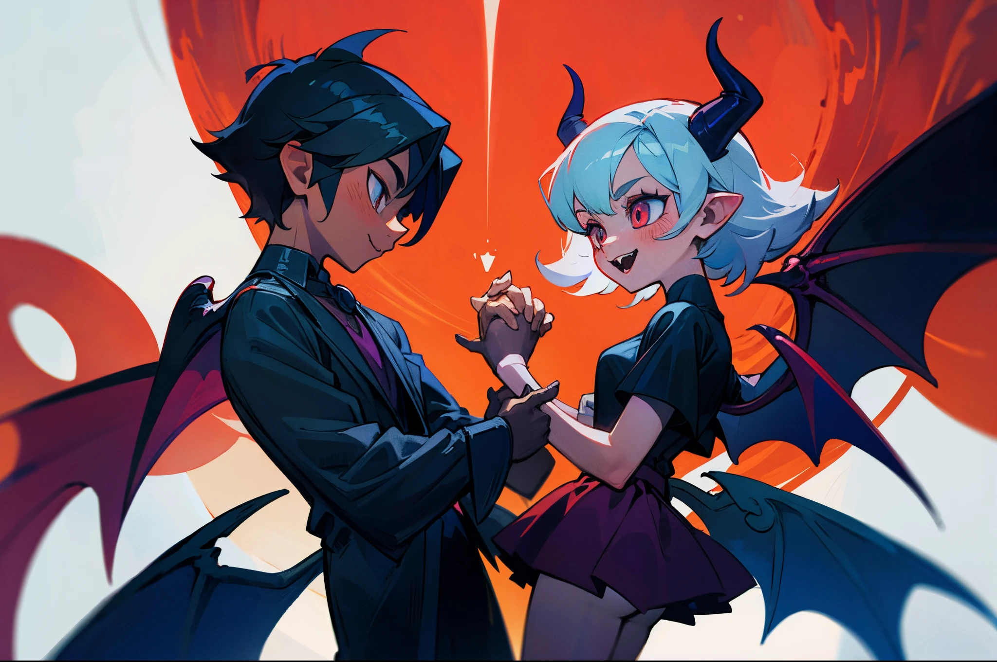 Little Devil Boy and Devil Girl Holding Hand, Bat Wings , Devil Horns, Devil Tail --auto