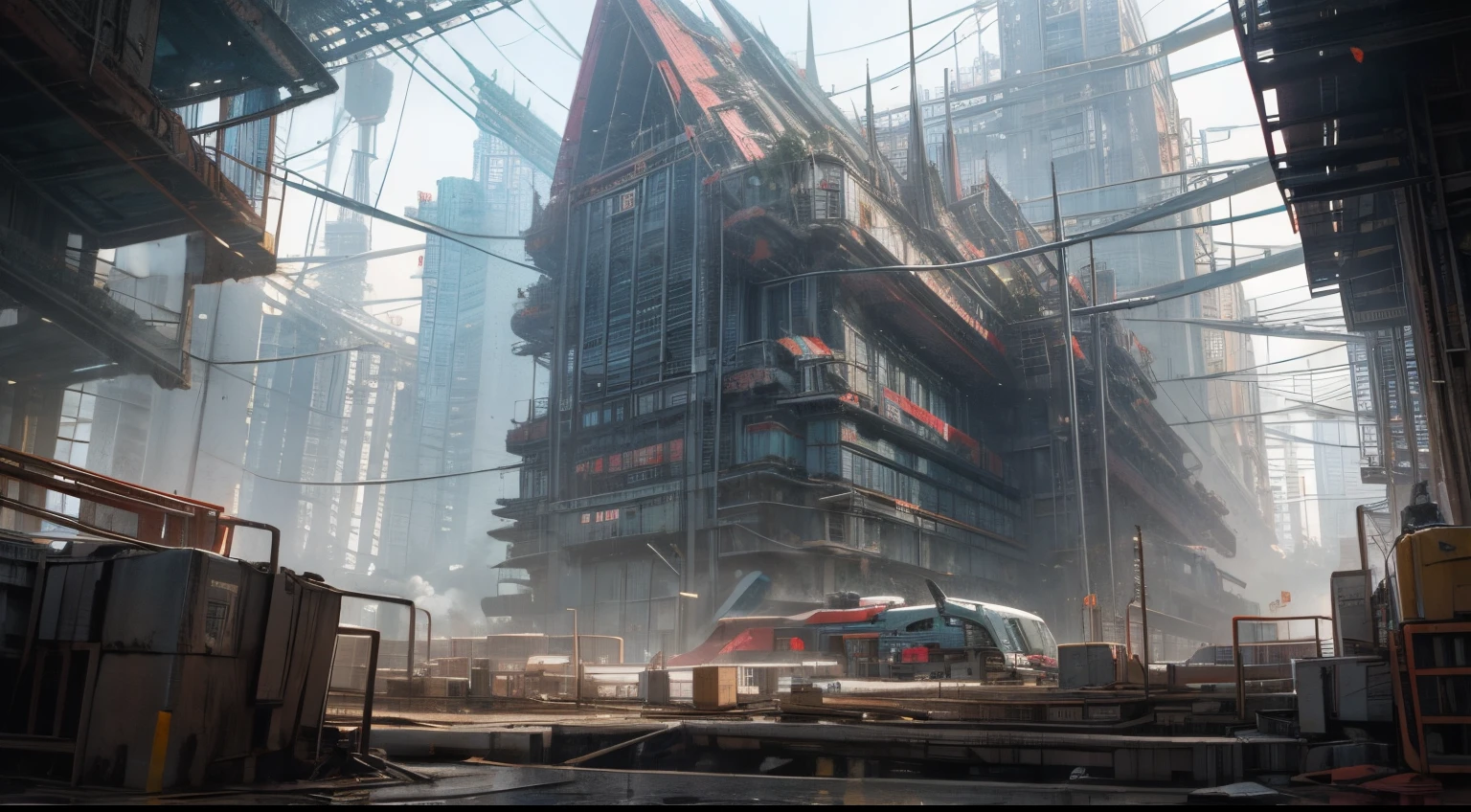 Building, architecture, giant building, future building, cyberpunk, wide angle, no one, forest background