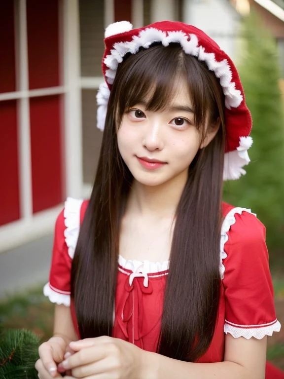 An ultra-high picture quality、((Only one girl appears in the photo、red and white santa costume))、(Very cute 27 year old Japanese woman、lovely expression、Very good style、gloss々Hair、Cute bangs、brown hair shoulder length)、My girlfriend came to my house on Christmas day.、Very fun、