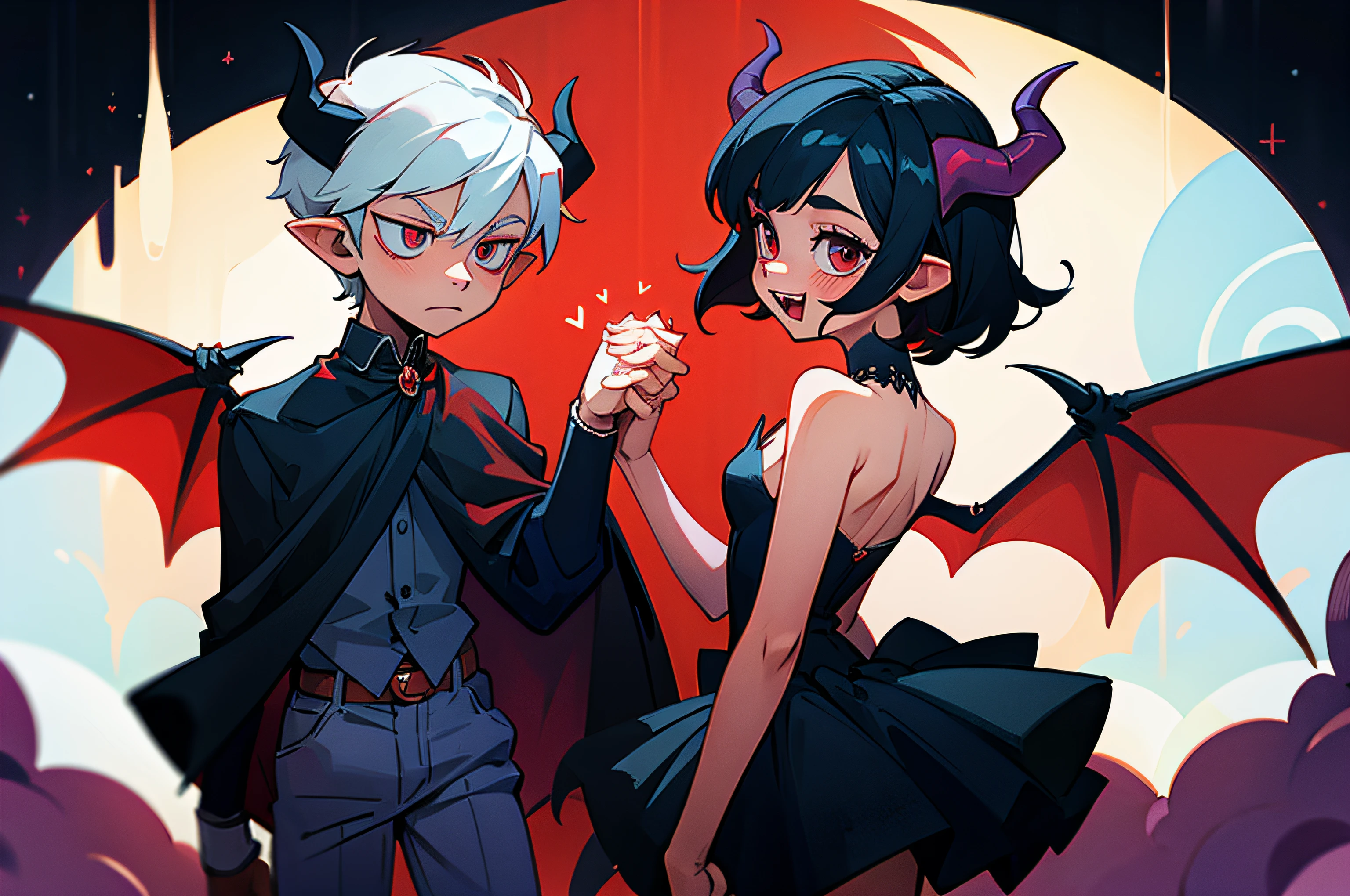 Little Devil Boy and Devil Girl Holding Hand, Bat Wings , Devil Horns, Devil Tail --auto