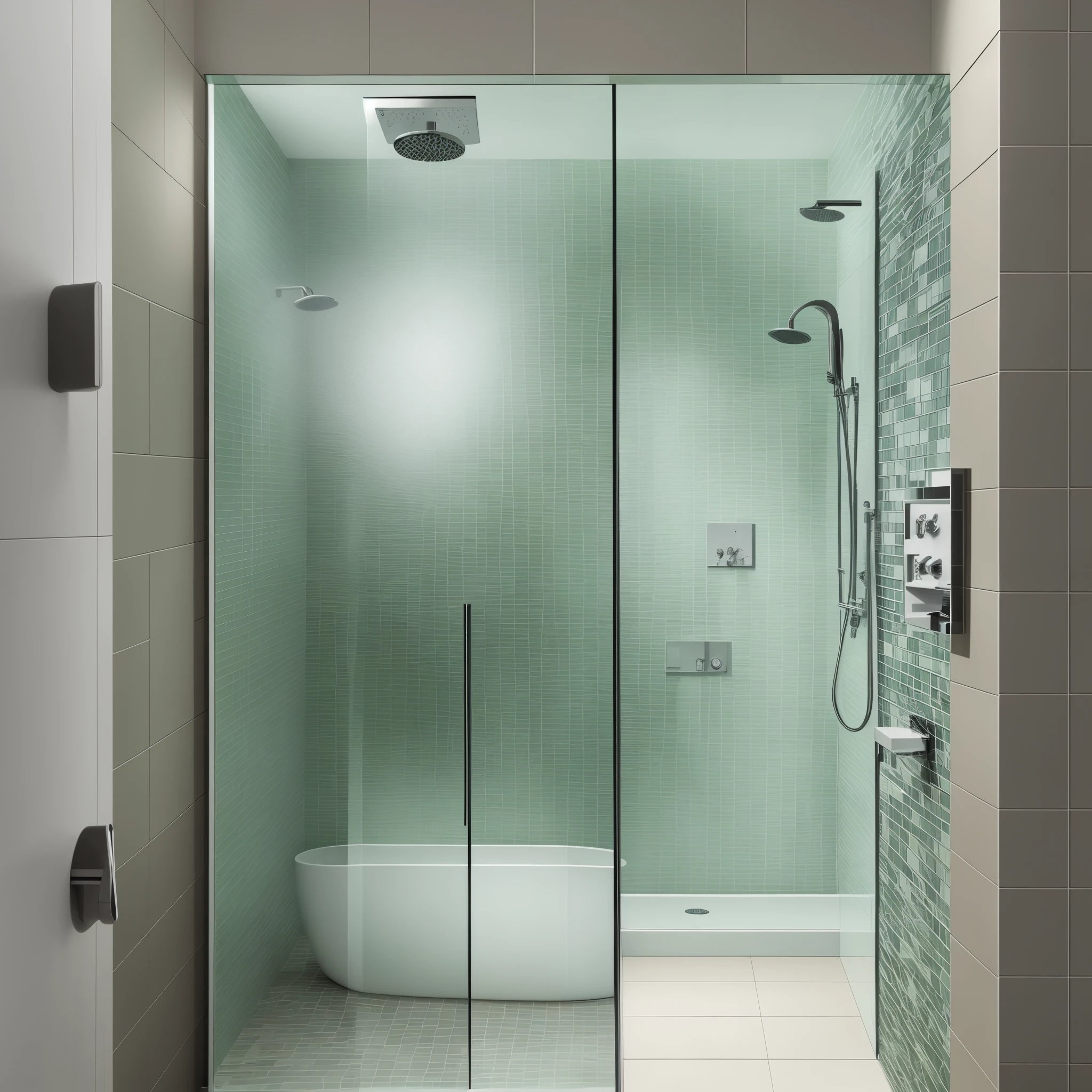 there is a glass shower door with a white bathtub, um verde elegante, linhas limpas, Chuveiros, cor, hero shot, foto de beleza, detalhes premiados", detalhes premiados ", aurora, prata, 3/4 view, 3 / 4 view, aura, versatile, corpo inteiro em tiro, bottom angle, high resolution product photo, various posed