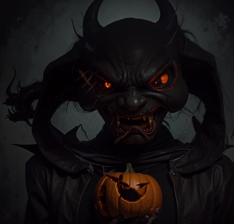 Cartoon style imp，With a big smile on his face, A painting, demon, gloomy face, demon cat, Laugh sinisterly, pumpkin head, scary angry gesture, Angry expression, Geng ghost