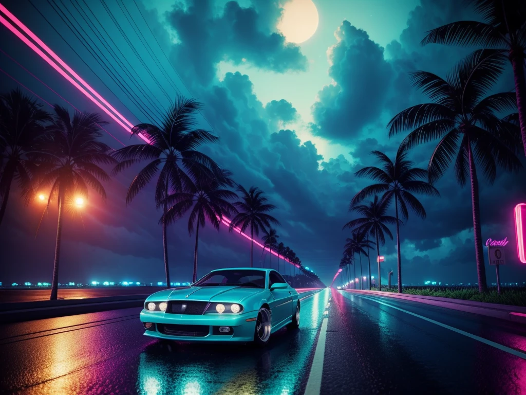 a view of a car driving down a road with palm trees, art deco outrun anime aesthestic, driving rain, jen bartel, dan mumford. 8 k octane render, epic retrowave art, late night raining, miami synthwave, by Alena Aenami, retro-wave vibes, retrowave vibes, low detailed. digital painting, retrowave atmosphere