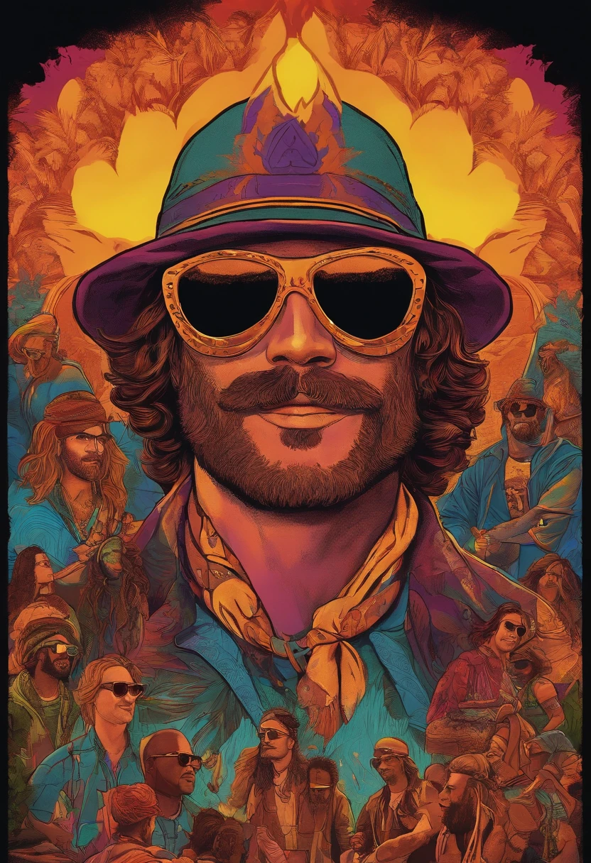 A close-up photo of a group of people gathered around a bonfire, their faces illuminated by the dancing flames.,original,Tyler, a die-hard Burning Man enthusiast, is easily recognizable with his eclectic attire, often adorned with neon colors, bandanas, and an assortment of festival wristbands that serve as badges of honor. His hair is typically unkempt, colored in wild hues, complementing his ever-present sunglasses that hint at a life perpetually ready for the Playa. , male