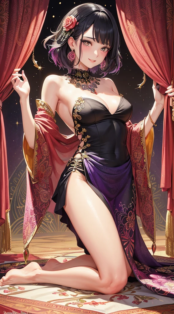 A female with medium breasts, slim body, tempting body, nice bare leg, bare arm, cleavage, bare shoulders, short hair, black hair, silk bed, silk mattress, soft bed, silk ornament, night lighting, flowers hair piece, feathers, particles, light rays, (masterpiece, top quality, best quality, official art, beautiful and aesthetic:1.2), (1girl:1.3), extremely detailed,(fractal art:1.1),(colorful:1.1)(flowers:1.3), highest detailed,(zentangle:1.2), (kneeling pose), (curtain background:1.3), (shiny skin), (many colors:1.4), (earrings:1.4), (tight short dress:1.2), black silk, (shiny skin), (many colors:1.4), (earrings:1.4), sexy eyes, innocent, smile, sweet, beautiful, attractive body, gorgeous, pink blush, waiting, want something.